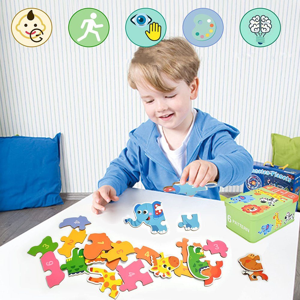 Holzpuzzle Konturenpuzzle Set, Lernen Bunt(Wildes Frühes Kinder Puzzleteile Juoungle Tier) Form Puzzles Lernspielzeug,