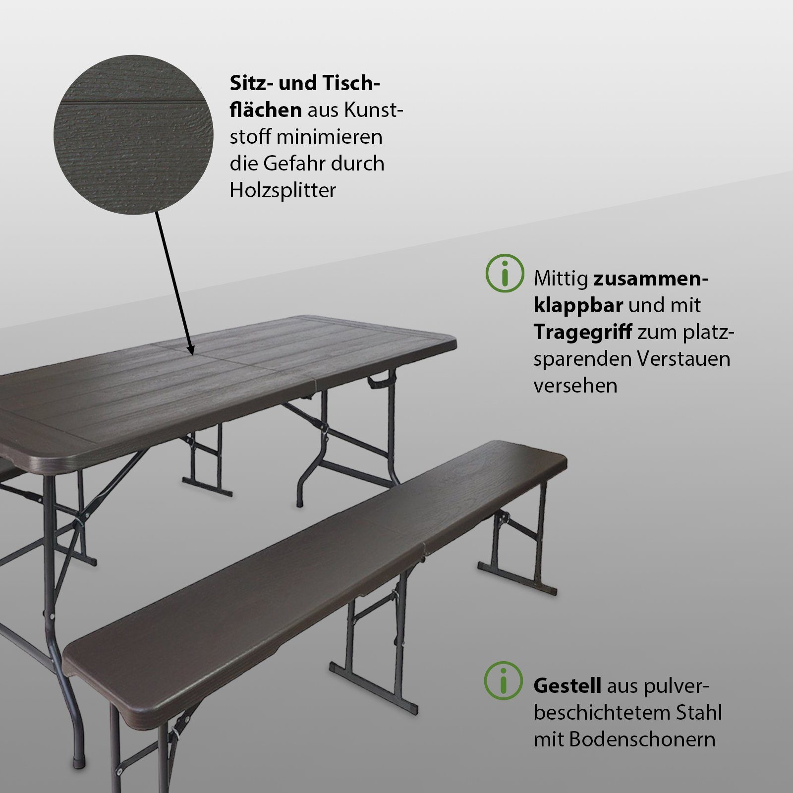 TRUTZHOLM Bierzeltgarnitur graue Holzoptik Festzeltgarnitur 180x75cm klappbar Gartenmöbelset, (3-tlg., 2 Bierbänke,1 Tisch)