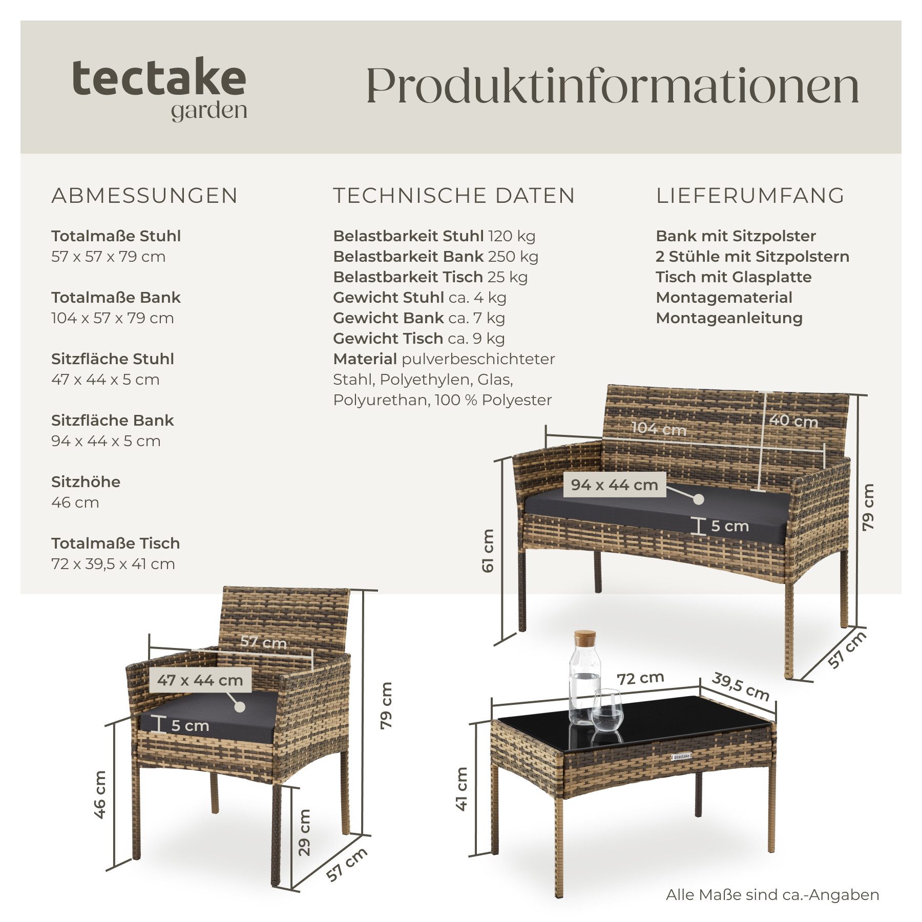tectake Sitzgruppe Rattan Gartenset für 4 Personen, Sofa 250 kg, je Sessel 120 kg, (Loungeset Palese, 4-tlg., für Außen in Naturfarben), abnehmbare Polyesterbezüge, wetterfest, mit Sicherheitsglasplatte
