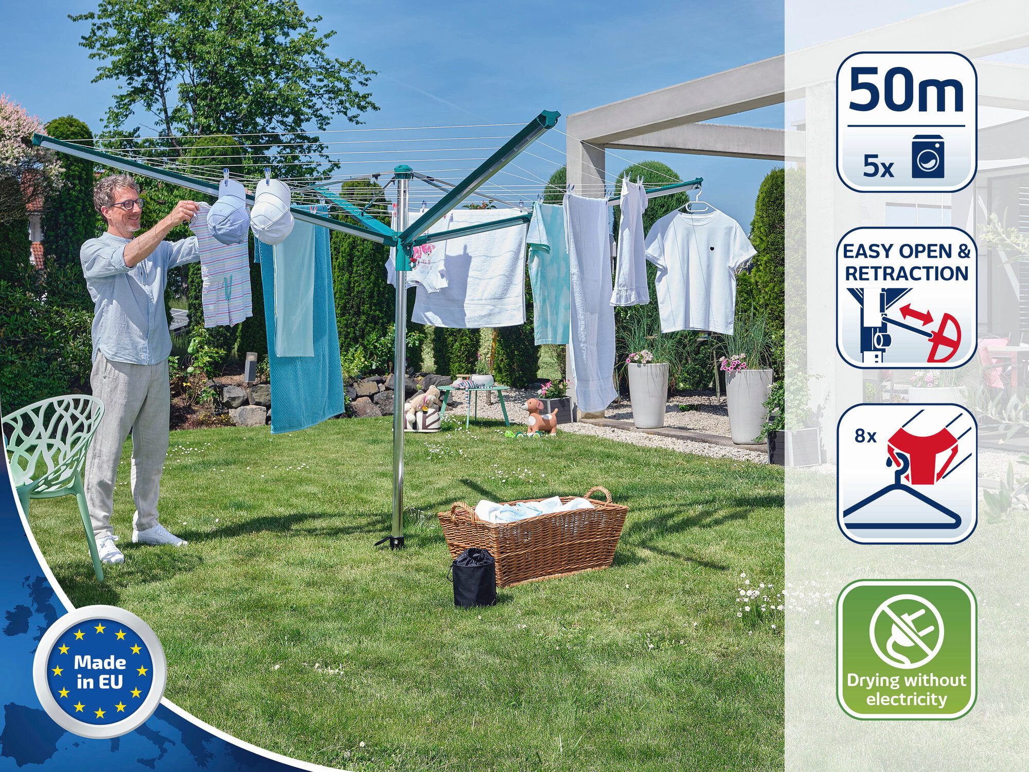 Leifheit Wäschespinne Wäscheschirm Linomatic 500 Deluxe Cover, 50m Leinenlänge, Leinenautomatik, einfaches öffnen, Schutzhülle