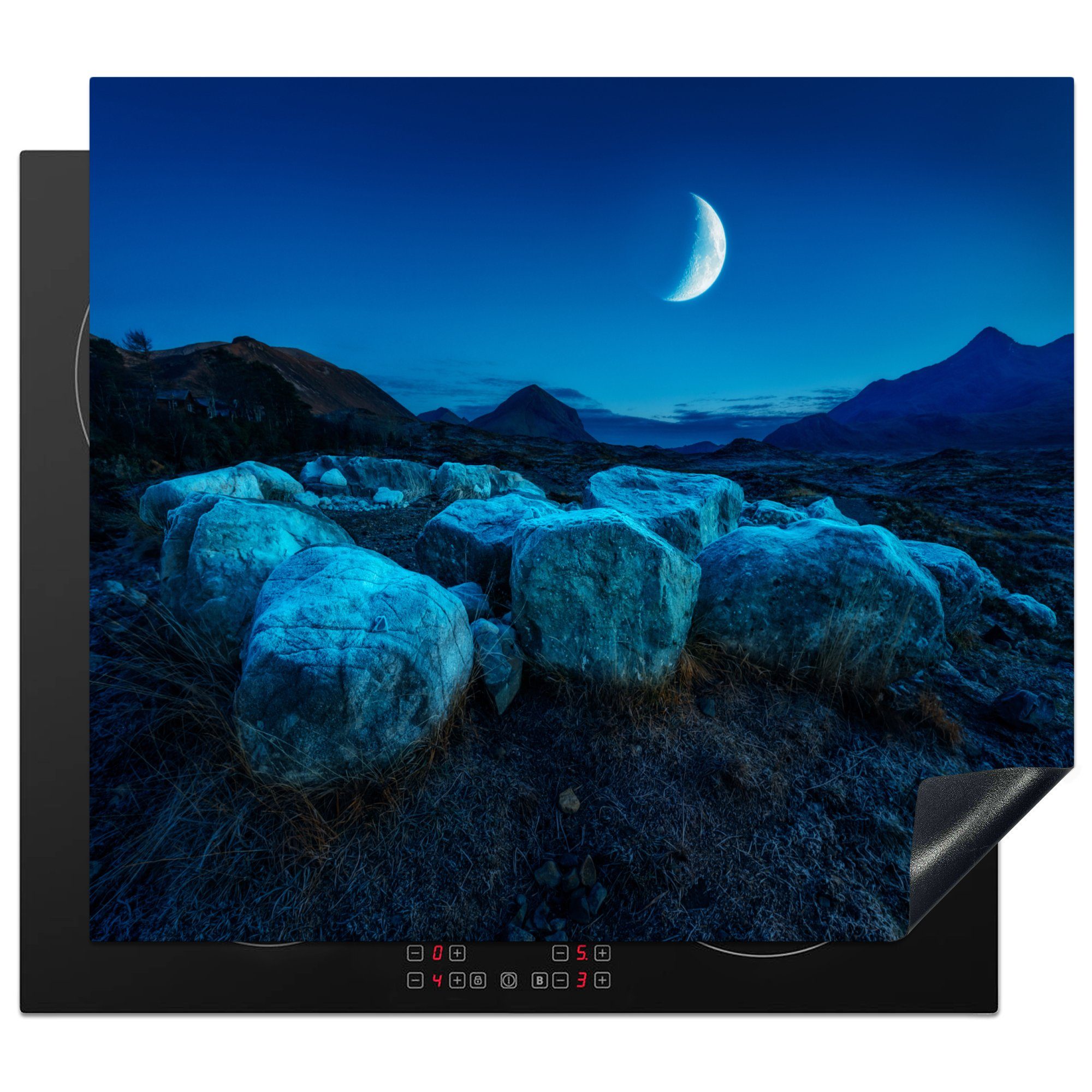 MuchoWow Herdblende-/Abdeckplatte Mond - Berg - Blau, Vinyl, (1 tlg), 60x52 cm, Mobile Arbeitsfläche nutzbar, Ceranfeldabdeckung