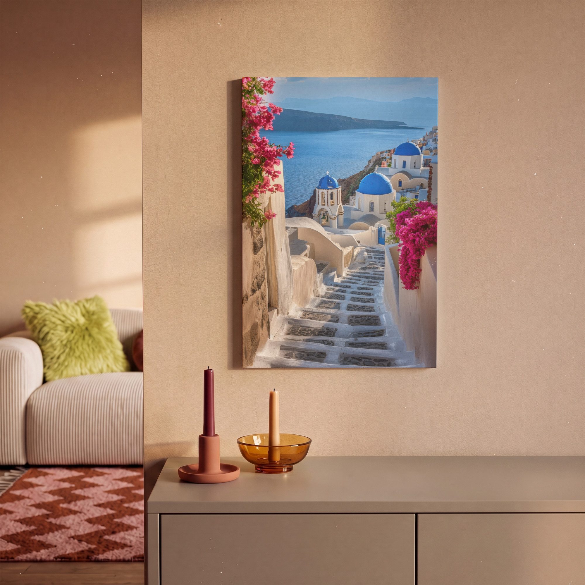 OneMillionCanvasses® Leinwandbild Santorin - Blumen - Griechenland, Fotodruck (1 St), Leinwand Canvas Wandbild, Wanddekoration 20x30 cm – Bild 2 von 5