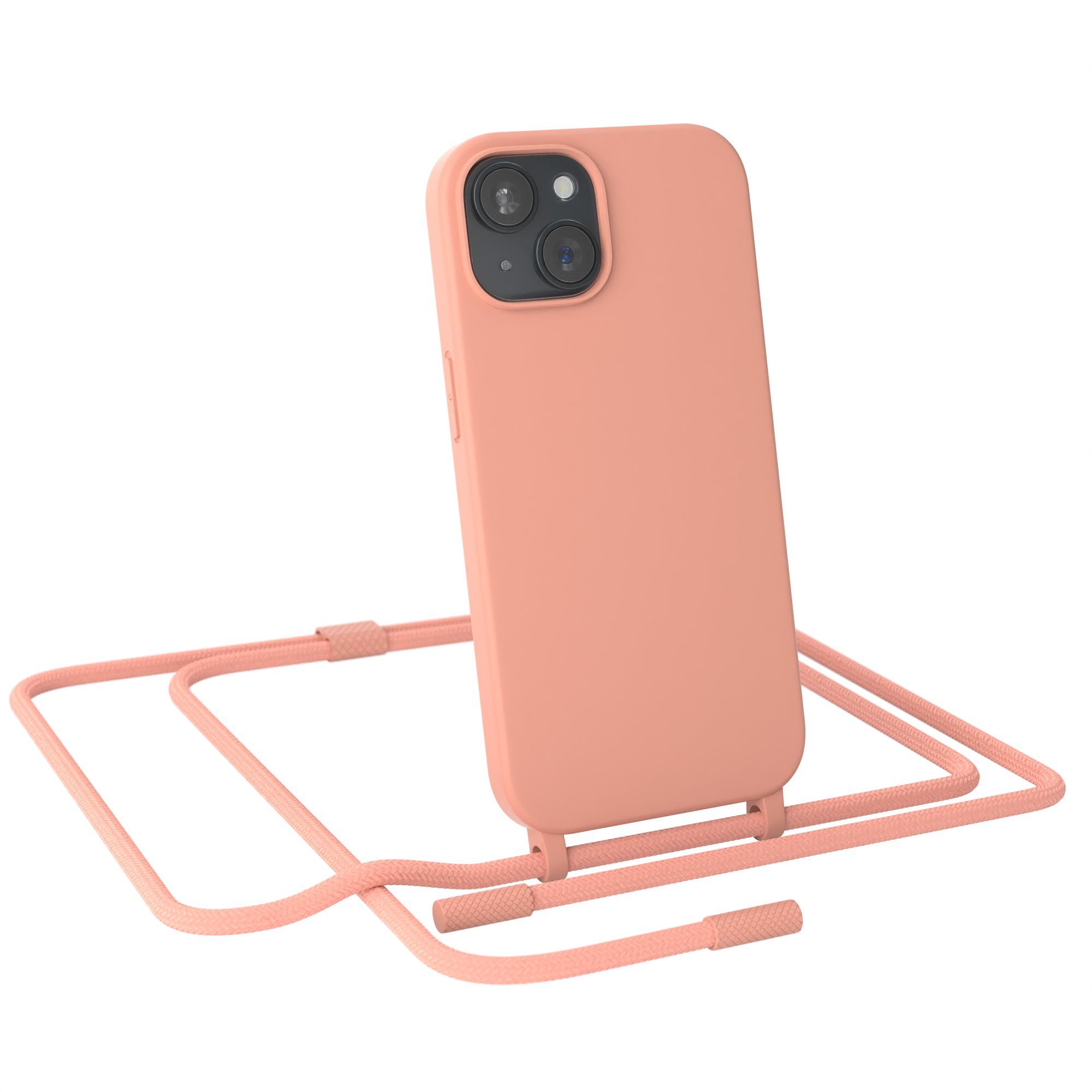 EAZY CASE Handykette Runde Kette für Apple iPhone 15 6,1 Zoll, Hülle mit Band 2in1 Handyband Etui Case mit Kordel Altrosa Koralle