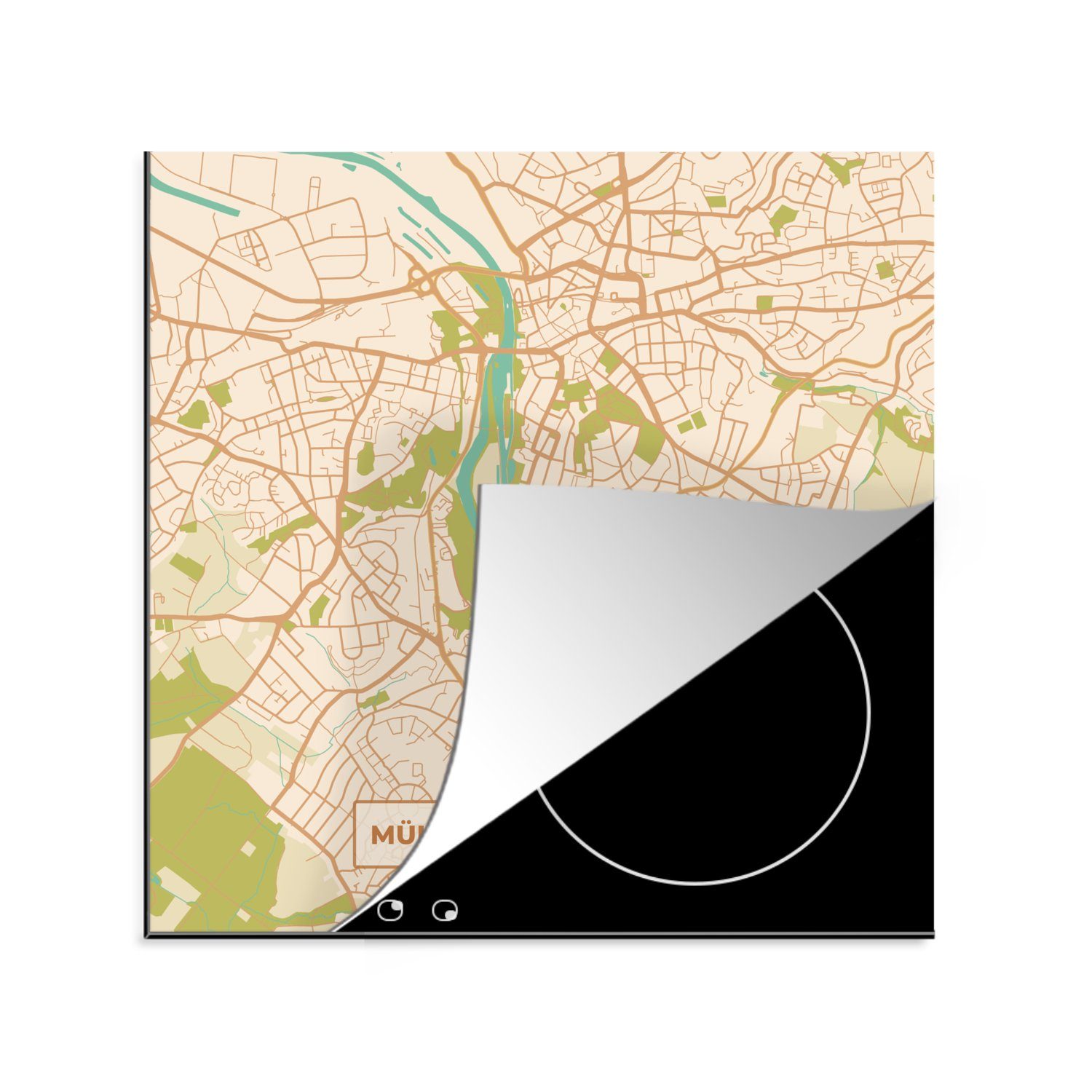 (1 küche Vintage Stadtplan, Mülheim - Karte tlg), Ceranfeldabdeckung, für cm, an MuchoWow Vinyl, Herdblende-/Abdeckplatte - der Ruhr - Arbeitsplatte 78x78