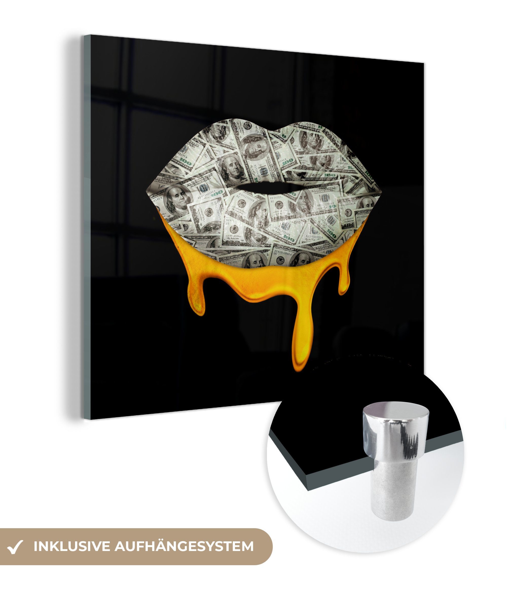 MuchoWow Acrylglasbild Lippen - Geld - Schwarz - Weiß, (1 St), Glasbilder - Bilder auf Glas Wandbild - Foto auf Glas - Wanddekoration