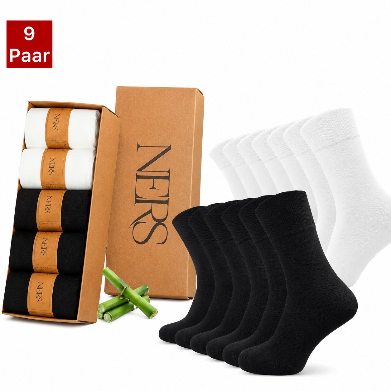NERS Basicsocken aus Bambus Damen & Herren, ohne Naht im Zehenbereich, Komfortbund (Spar-Set, 9-Paar, verstärkte Verse) Premium Bambussocken Atmungsaktiv & Weich, mit Geschenkbox