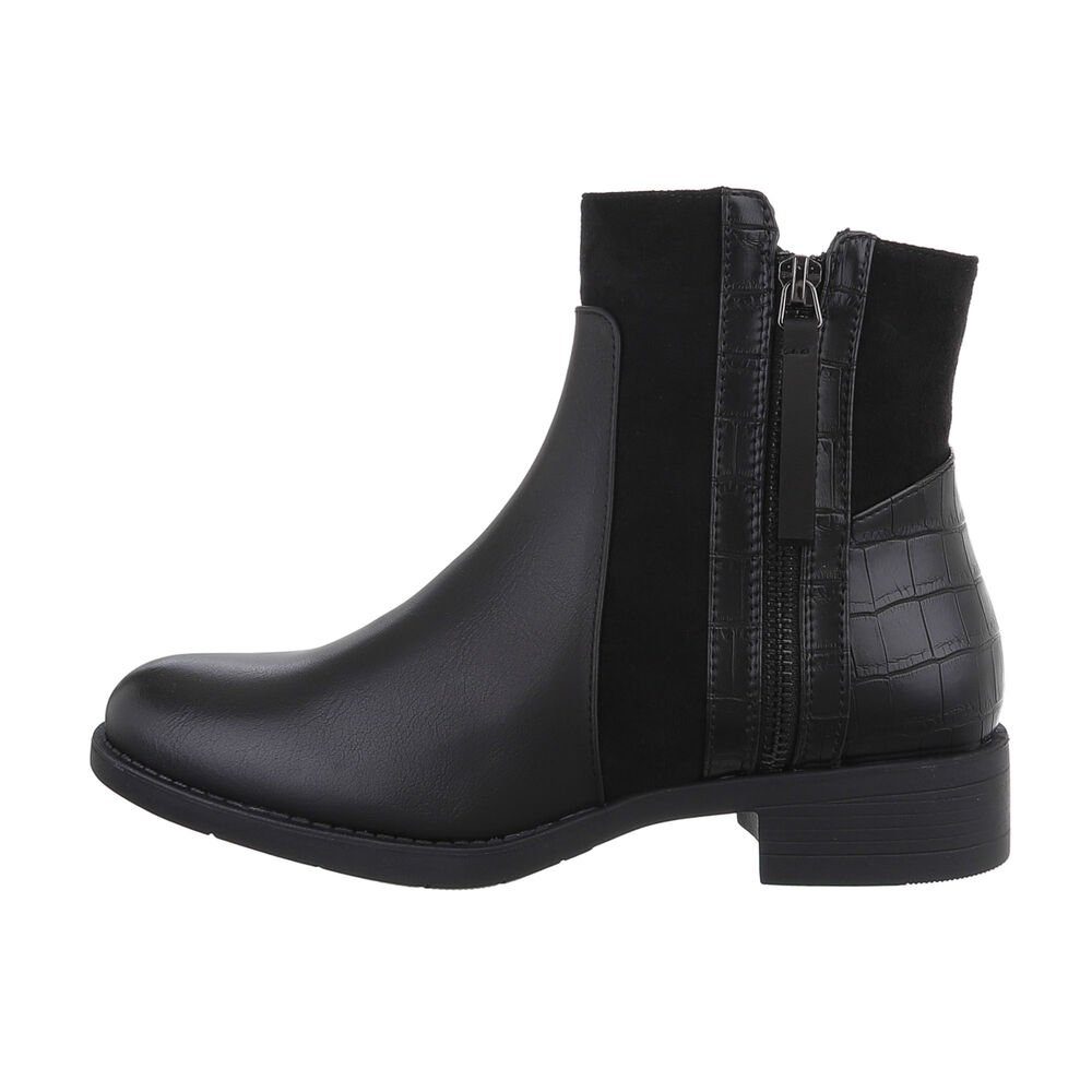 Flache Stiefeletten Stiefelette Ital-Design Damen Elegant Blockabsatz in Schwarz