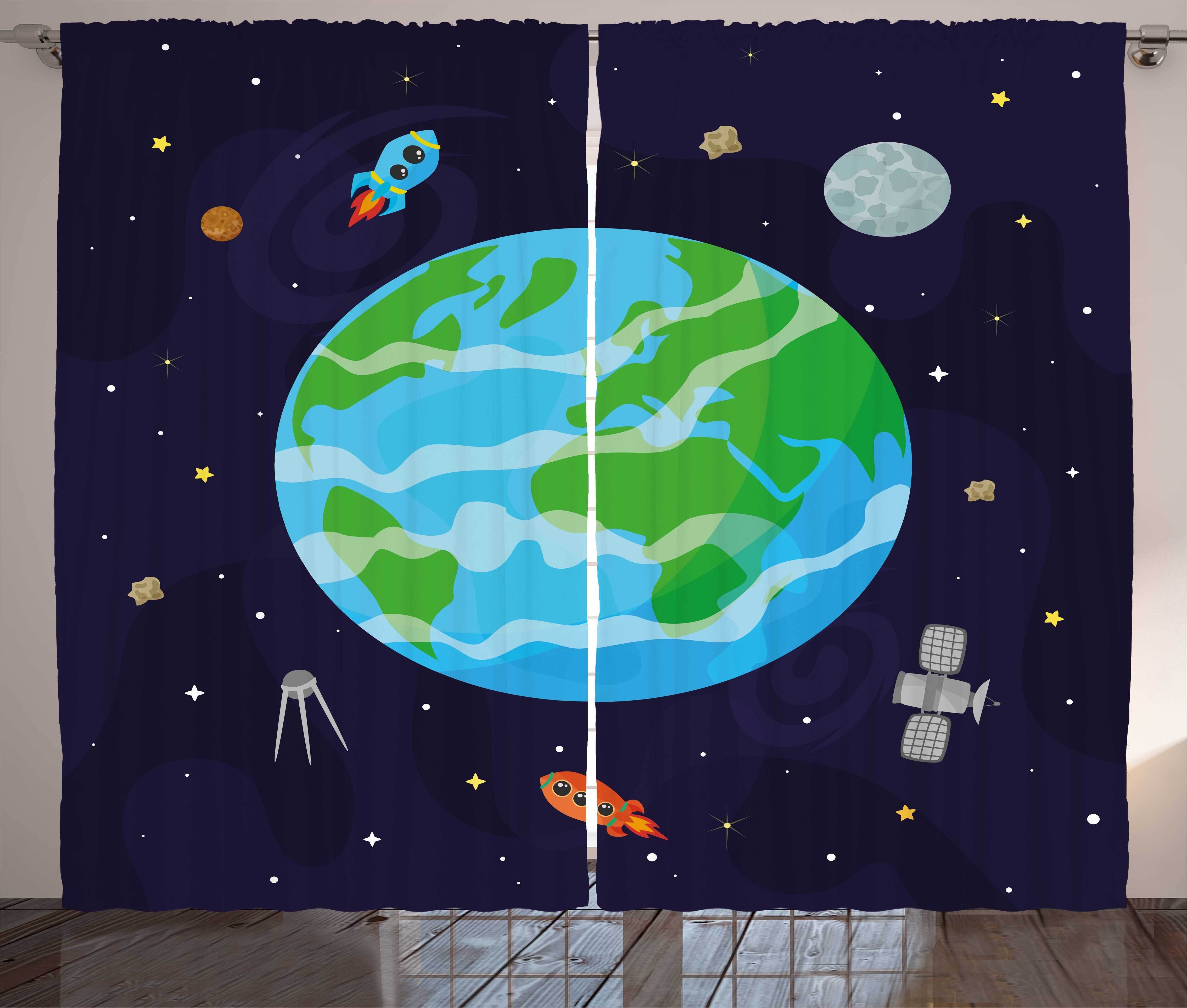 Gardine Schlafzimmer Kräuselband Vorhang mit Schlaufen und Haken, Abakuhaus, Astronomie Celestial Cartoon Erde