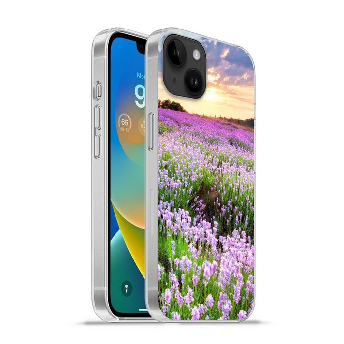 MuchoWow Handyhülle Blumen - Lavendel - Lila - Himmel - Sonnenuntergang - Wiese - Natur Handyhülle Telefonhülle Apple iPhone 14 Plus