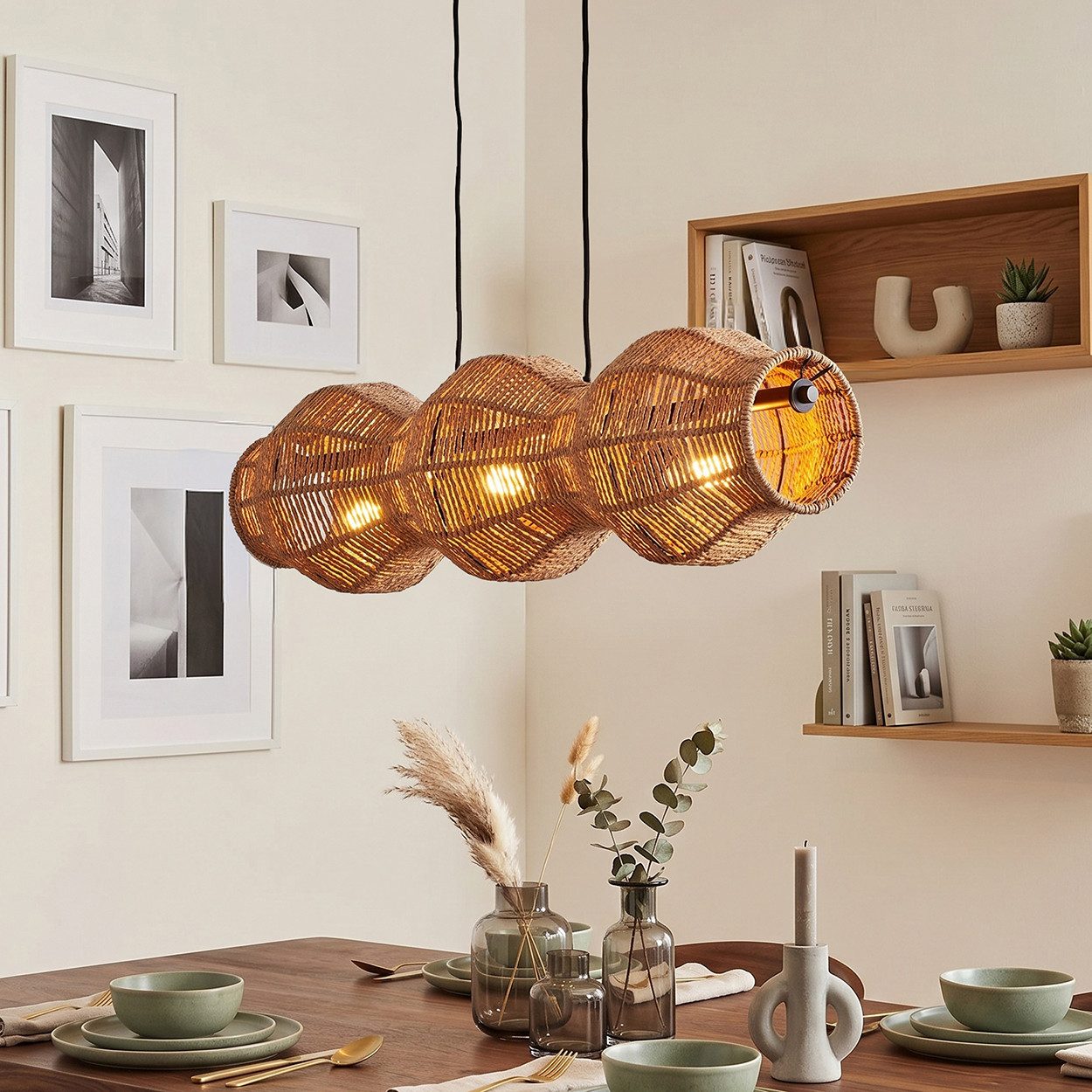 hofstein Pendelleuchte Hängelampe aus Metall/Papierseil in Schwarz/Naturfarben, ohne Leuchtmittel, Hängeleuchte im skandinavischen Design, Boho-Style, max. 170 cm, 3xE27