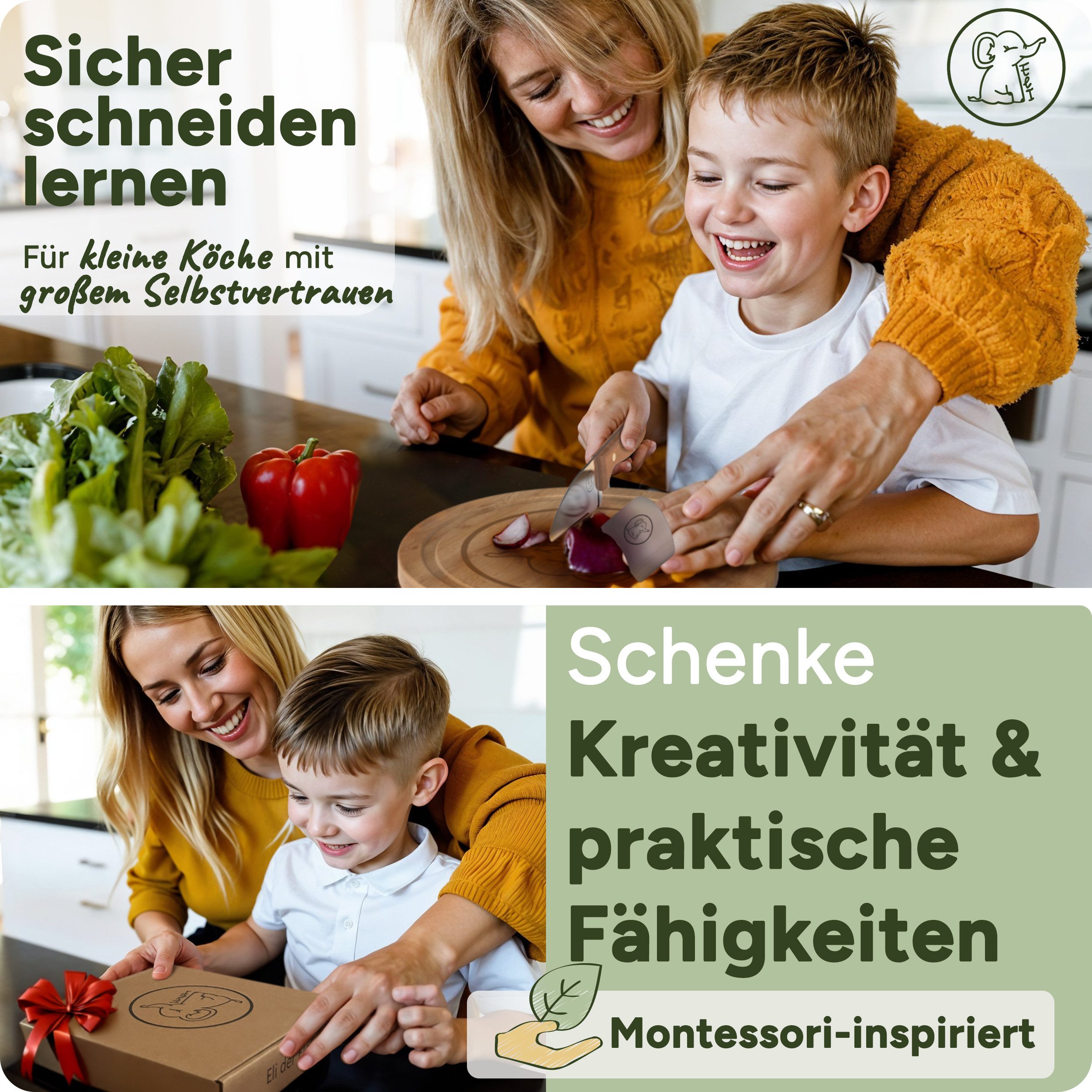 Eli Kinderkochmesser Küchenmesser Kinder Set inkl. Schneidebrett, Schäler und Fingerschutz, 5 teiliges hochwertiges Schneidemesser Set - rostfreier Edelstahl