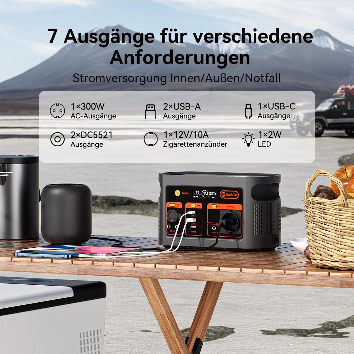 Flashfish Stromerzeuger 300W Tragbares,179,2Wh LiFePO4 Akku, Schnellladung 0–80% in 1, 0,3 in kW, Multifunktions Solar Generator für Camping, Draußen, Reisen, Notfälle