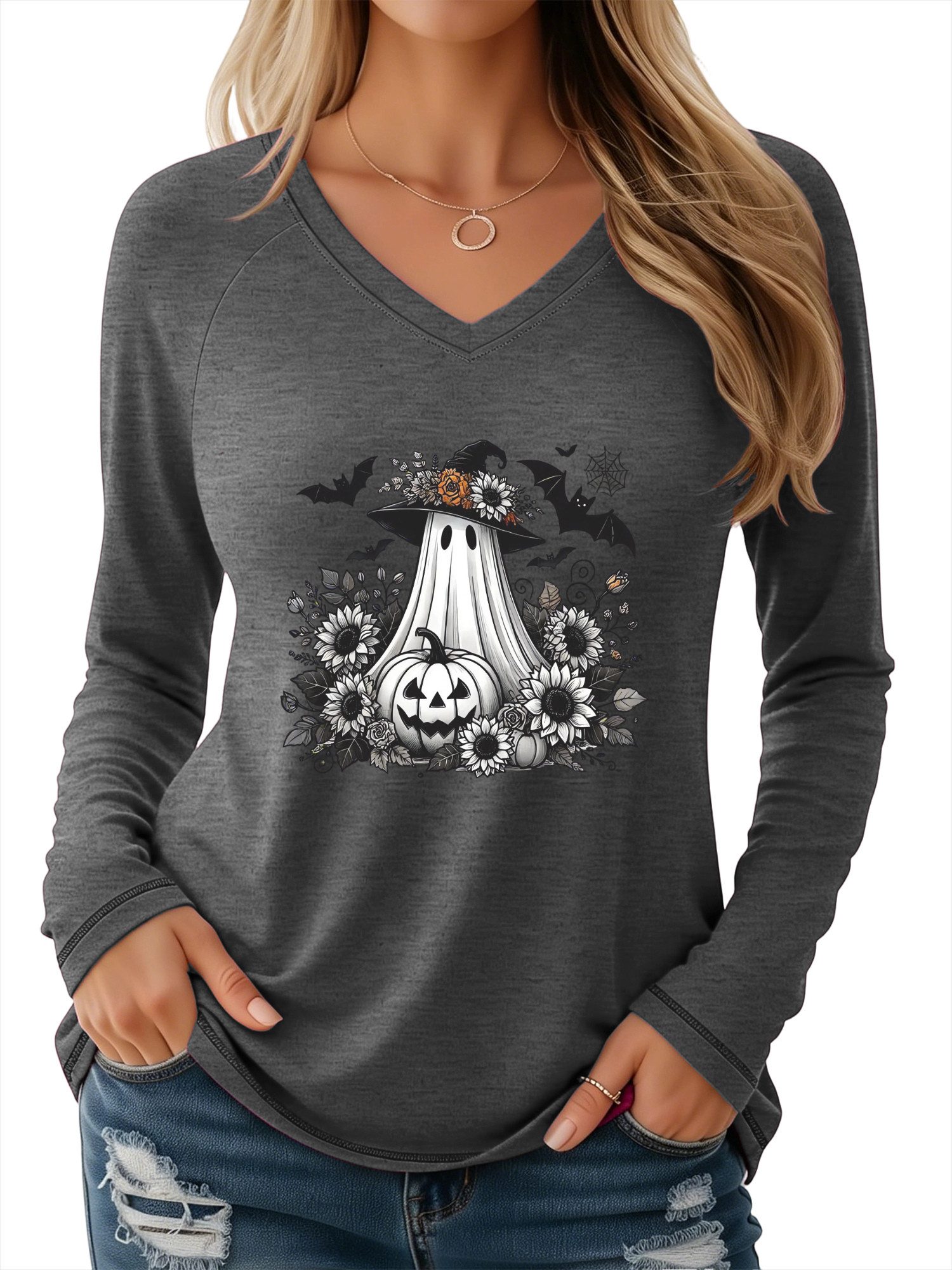 PYLIKE Print-Shirt Shirts Damen Halloween-Geister Druck bequemes V-Shirt Halloween Special Feiertag tragen