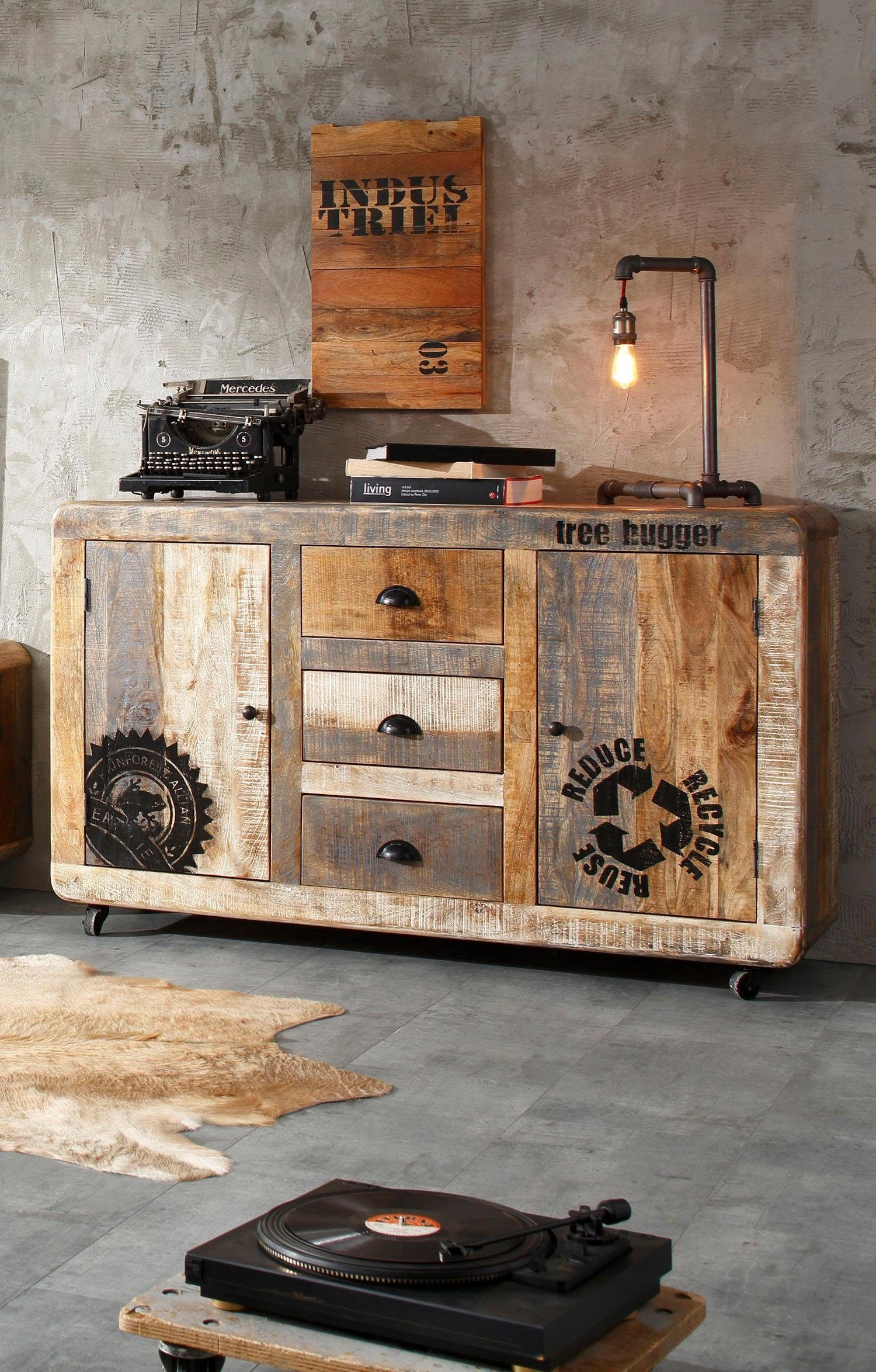 loft24 Sideboard Bulky, Schrank, Anrichte aus Mangoholz massiv mit Rollen, Industriestil