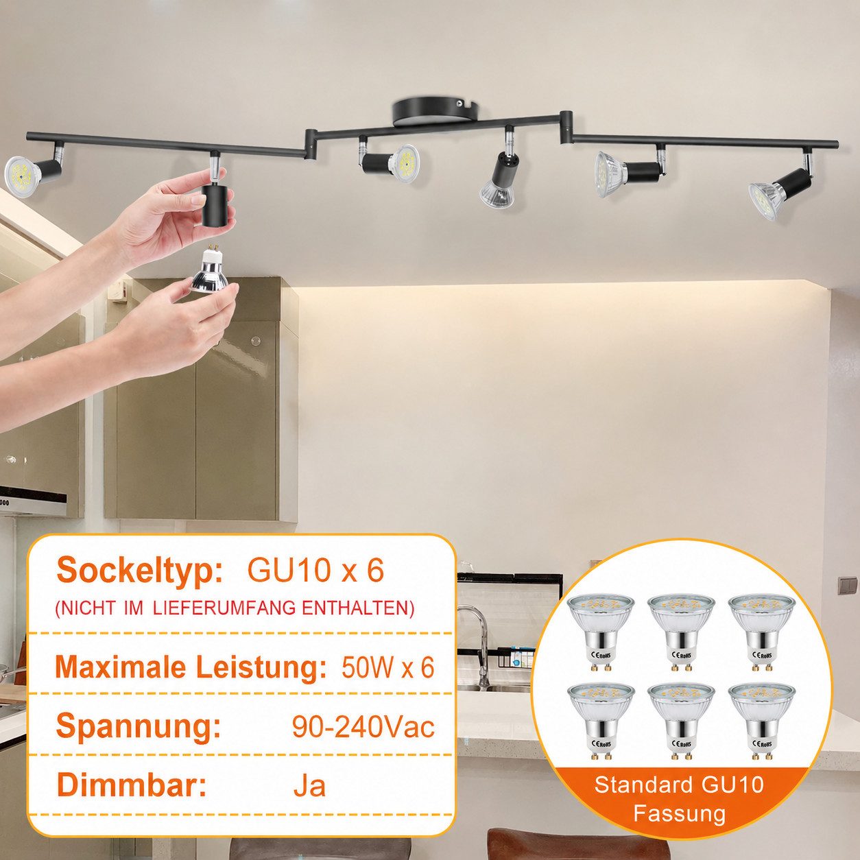 AIBOO Deckenstrahler 6-flammige schwarz mit verstellbarem Winkel, ohne Leuchtmittel, Individuell je nach Leuchtmittel, klappbaren flexiblen Armen, GU10-Fassunge – Bild 3 von 5