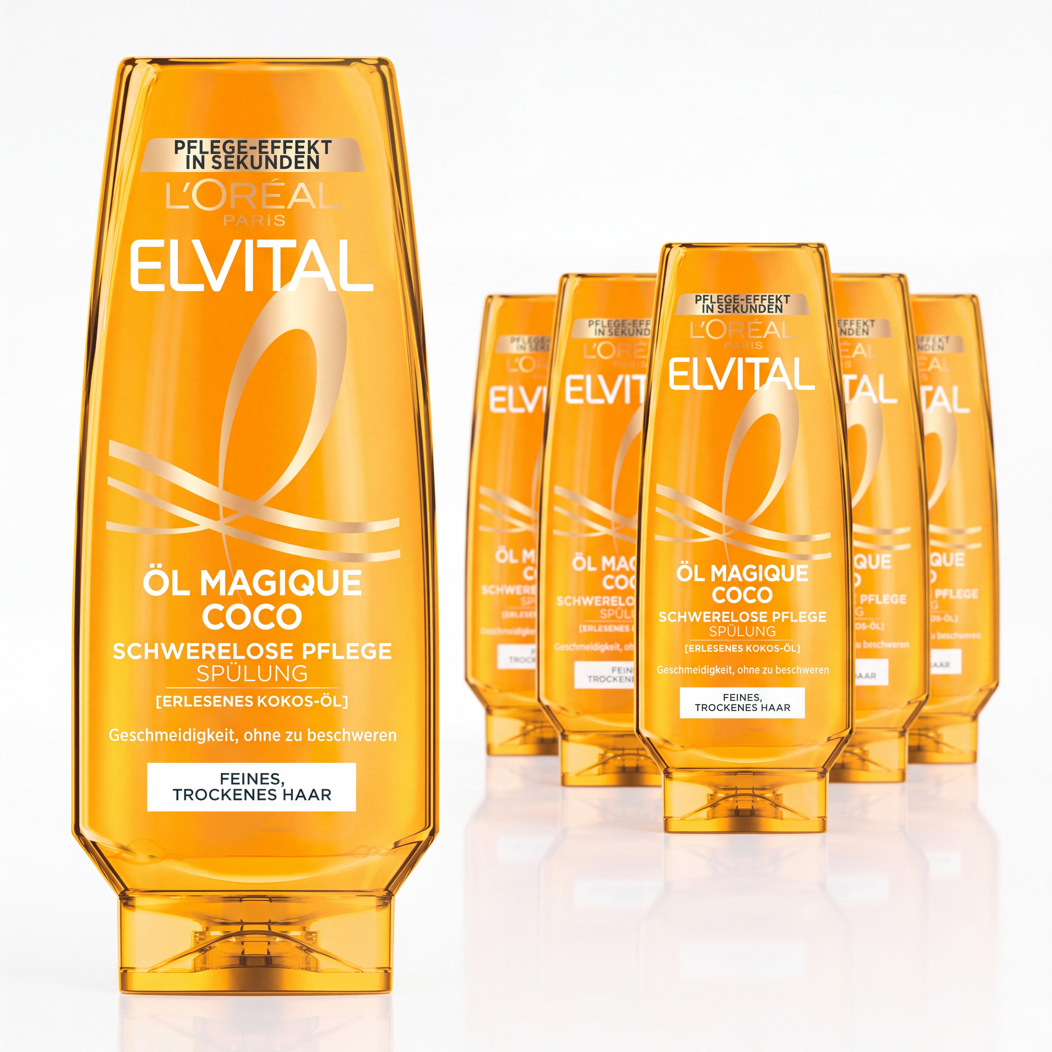 L'ORÉAL PARIS Haarspülung L'Oréal Paris Elvital Öl Magique Coco Spülung, Packung, 6-tlg., Intensive Pflege auch für trockenes Haar, verleiht Geschmeidigkeit.