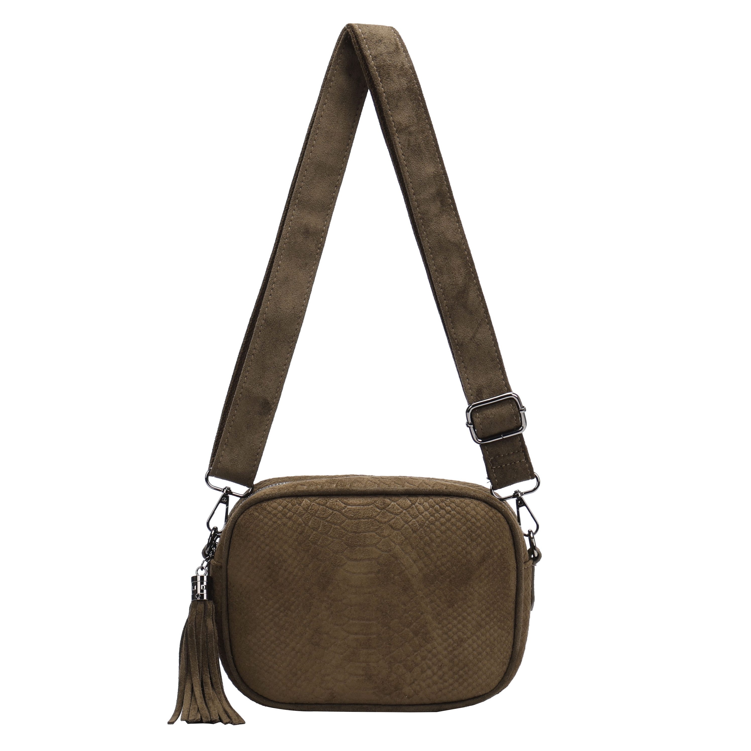 MIRROSI Umhängetasche Damen Schultertasche in Wildleder-Optik aus Stoff (Neue Kollektion Herbst/Winter 2026, ca. 22x7x16 cm), mit Reptil-Prägung, Quaste & verstellbarem Riemen