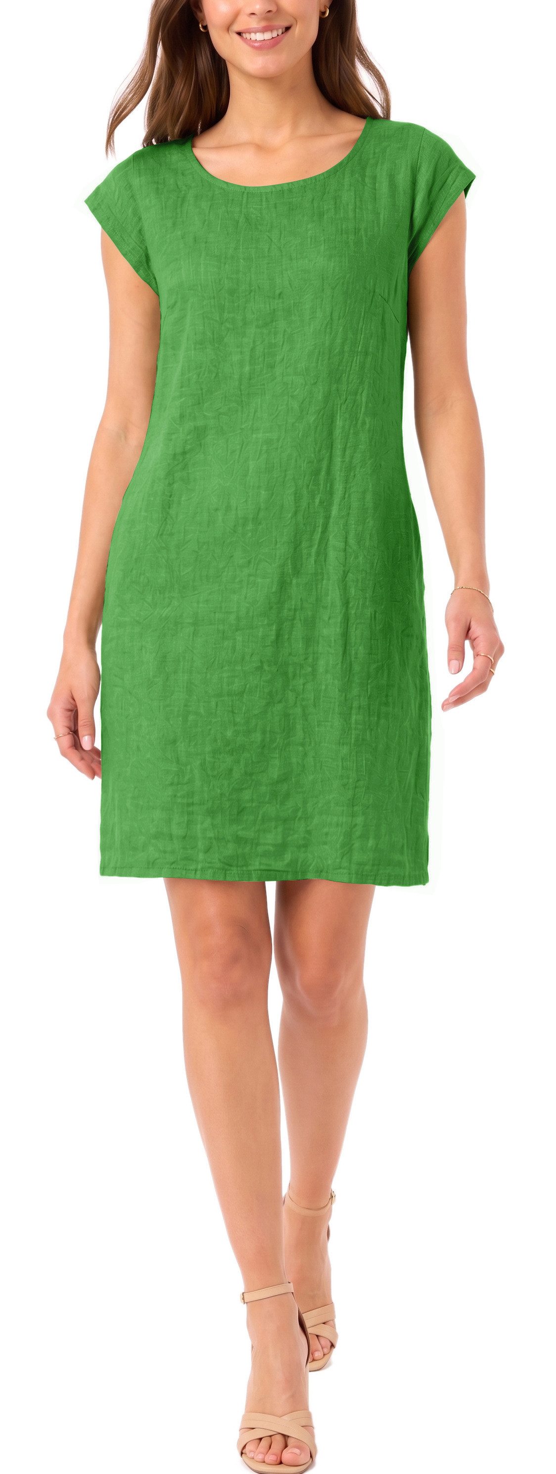 dy_mode Midikleid Einfarbiges Damen Leinenkleid Sommerkleid Kurzarm Midi Kleid in Unifarbe, mit Eingriffstaschen, leicht taillierte Passform – Bild 3 von 5
