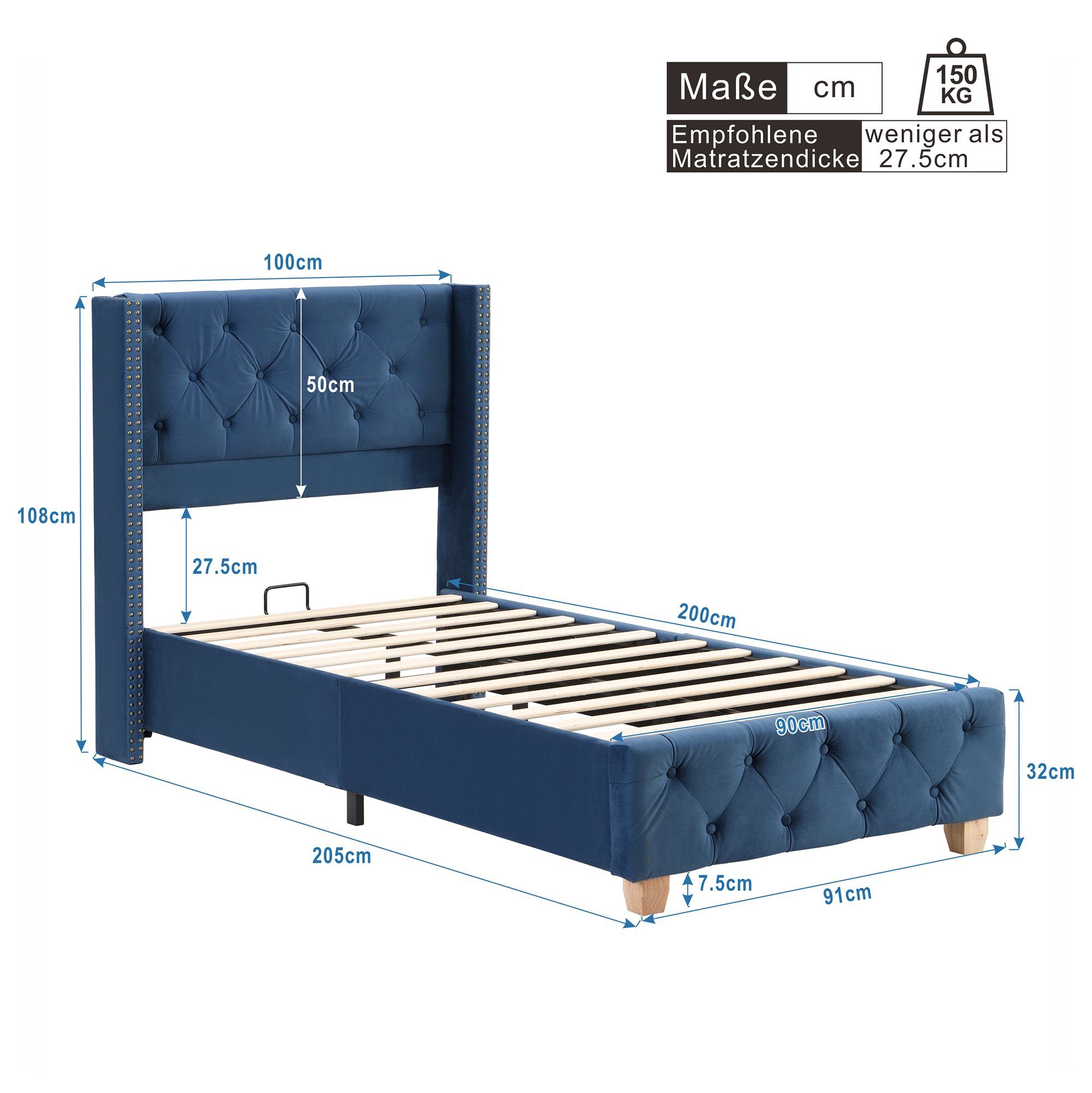 Lattenrost und Massivholz Polsterbett, Einzelbett Flieks Polster-Kopfteil mit 90x200cm