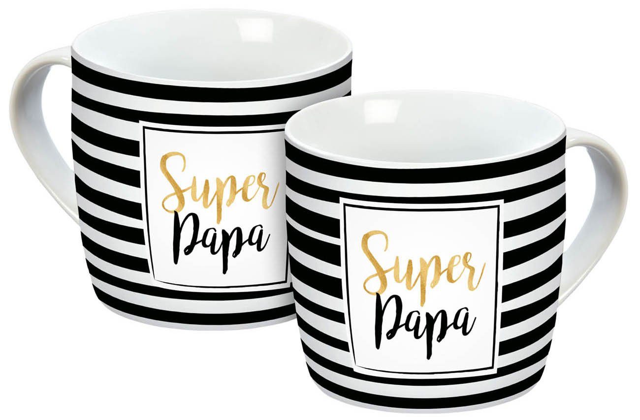 Geda Labels GmbH Tasse Super Papa Streifen, 1-tlg., Porzellan, Schwarz, 300 ml, spülmaschinengeeignet