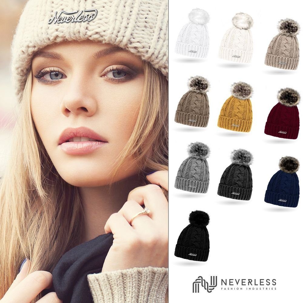 Neverless Bommelmütze Damen Strick-Mütze gefüttert Fell-Bommel Kunstfell Winter-Mütze