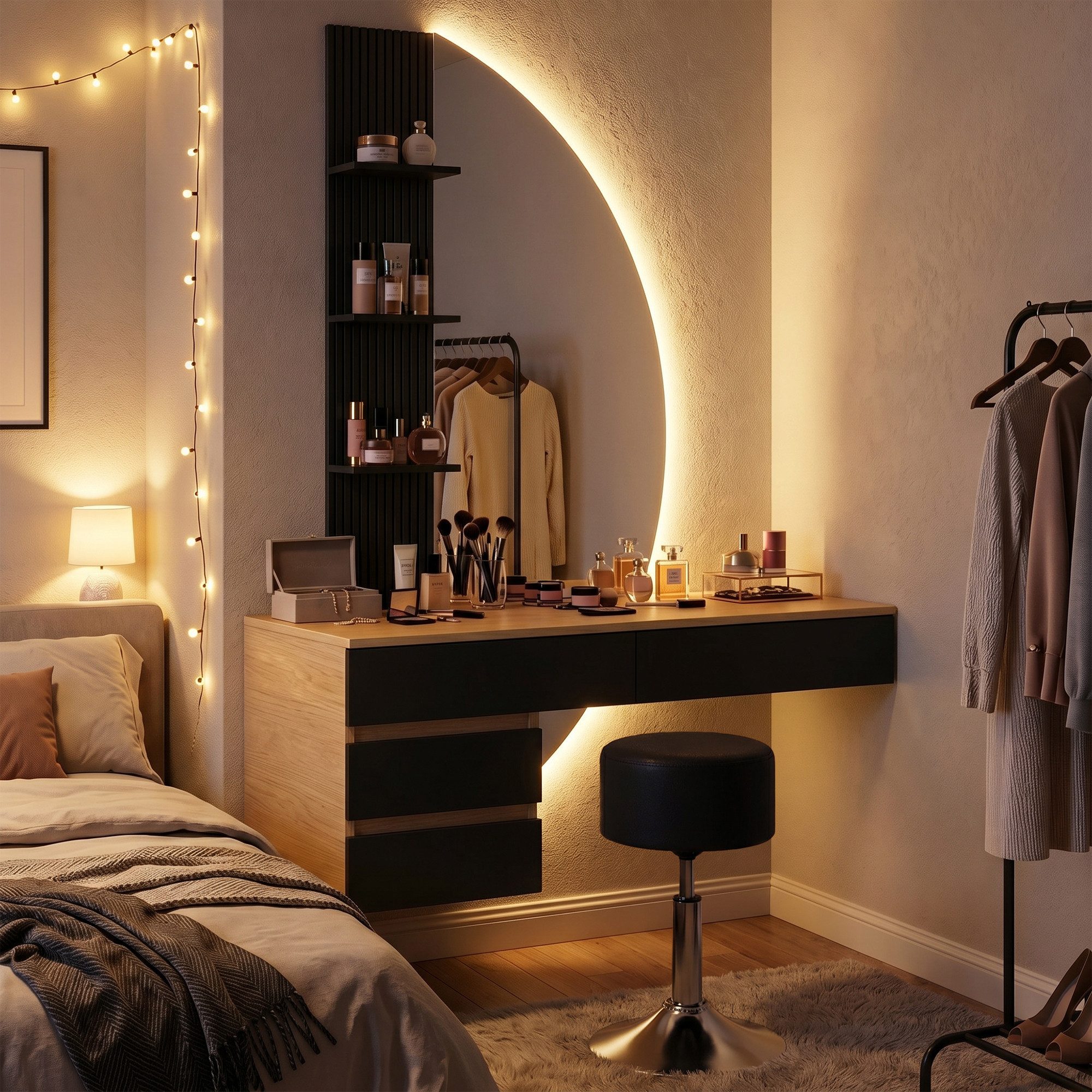 HOMALL Schminktisch Hängender Schminktisch mit drei einstellbaren Farbtemperaturen (LED-Silikon-Lichtleiste in drei Farben, Maße: 106 × 40 × 143 cm, mit 3 offen – Bild 3 von 5