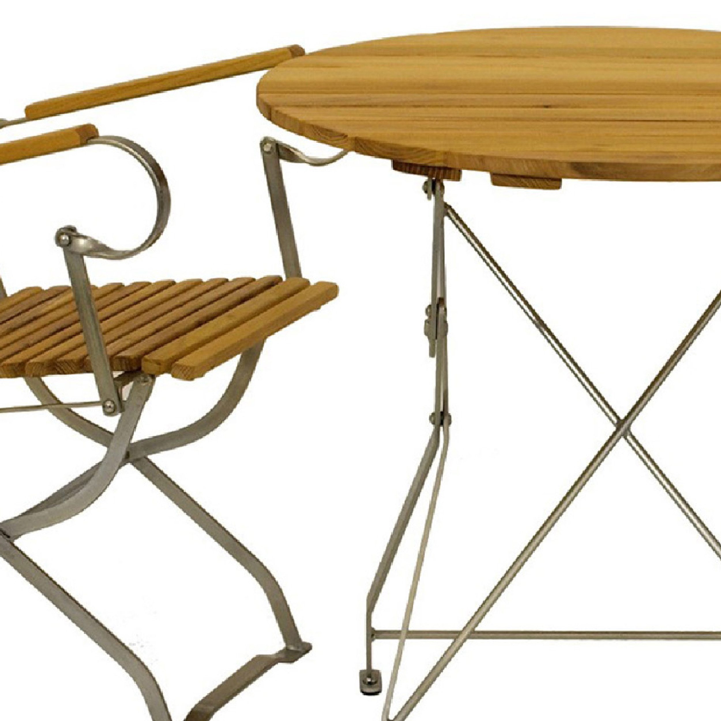 TPFGarden Sitzgruppe BAD-BELZIG, (Gartenessgruppe 3-teilig - Gartenmöbel Set, 3-tlg., Gartensitzgruppe Flachstahl verzinkt - Robinie), (2x Armlehnensessel, 1x Tisch 77cm rund)