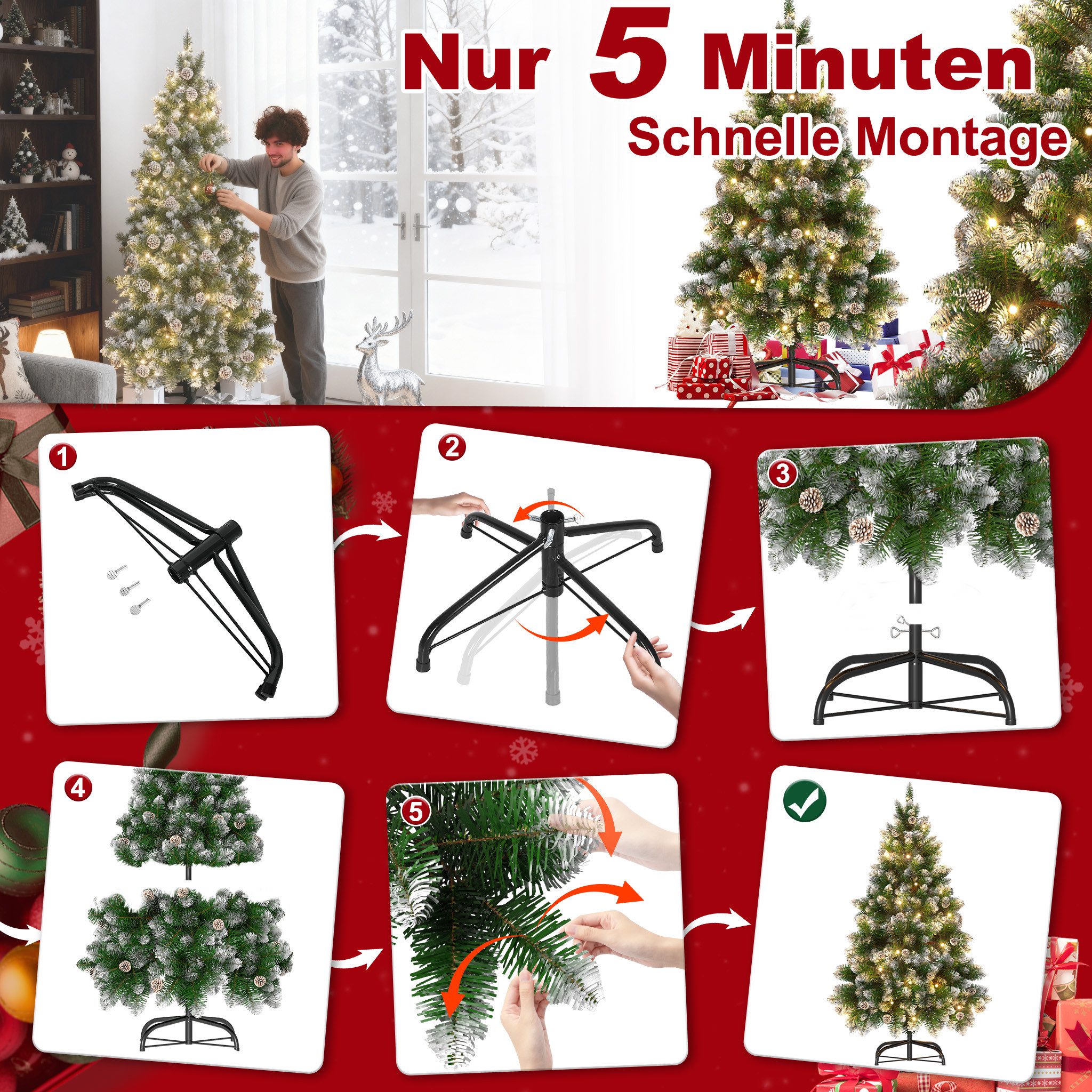 FIVMEN Künstlicher Weihnachtsbaum Tannenbaum mit Beleuchtung LED warm-weiß inkl. Metallständer – Bild 4 von 5
