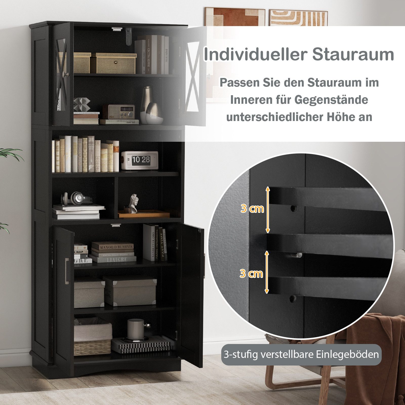 KOMFOTTEU Hochschrank Hochschrank Badezimmerschrank,3 offene Fächer – Bild 3 von 5