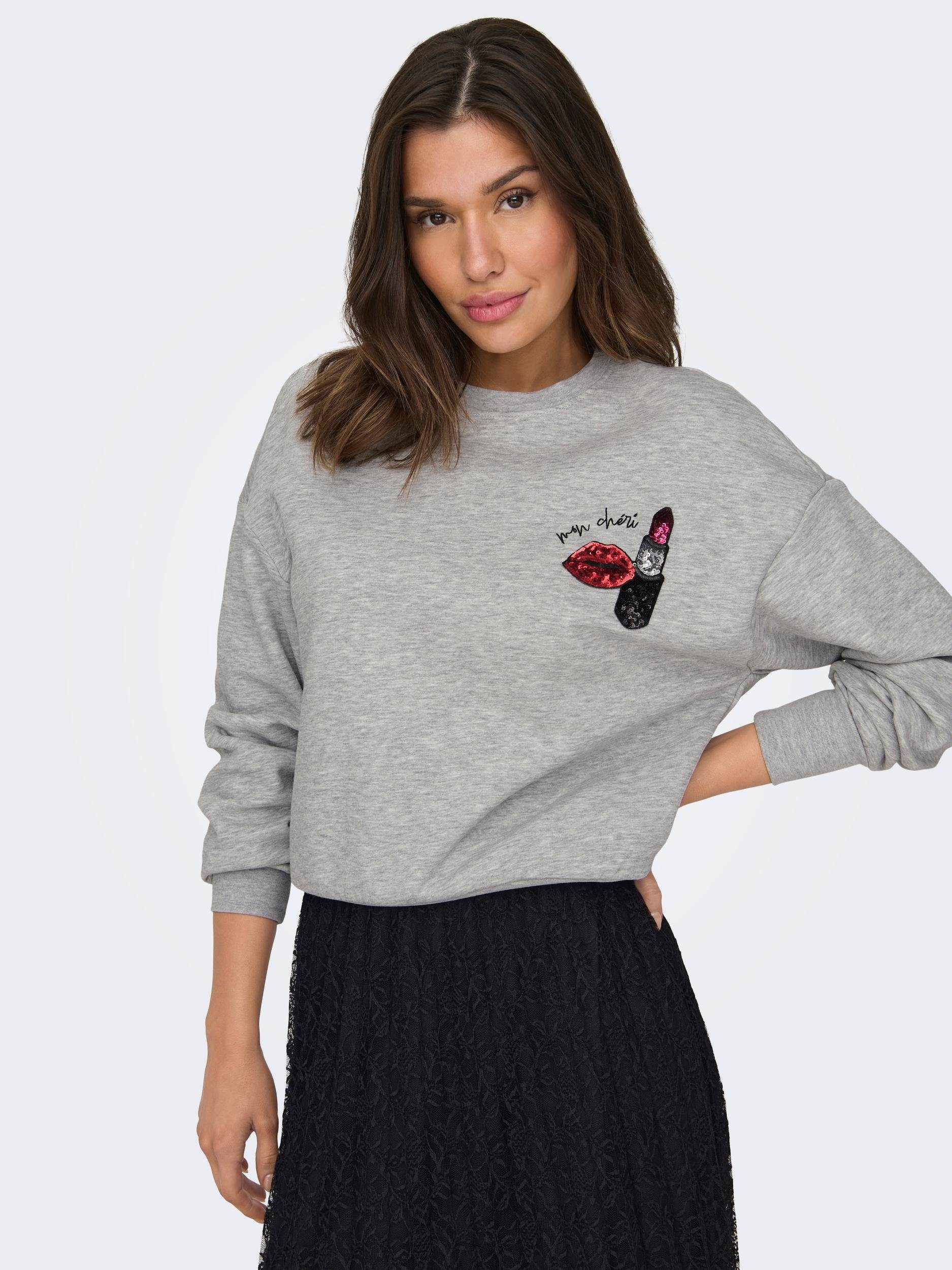 Sweater ONLKINJA O-NECK SWT ONLY Light Melange L/S BOX Print:Cheri Grey LIPSTICK