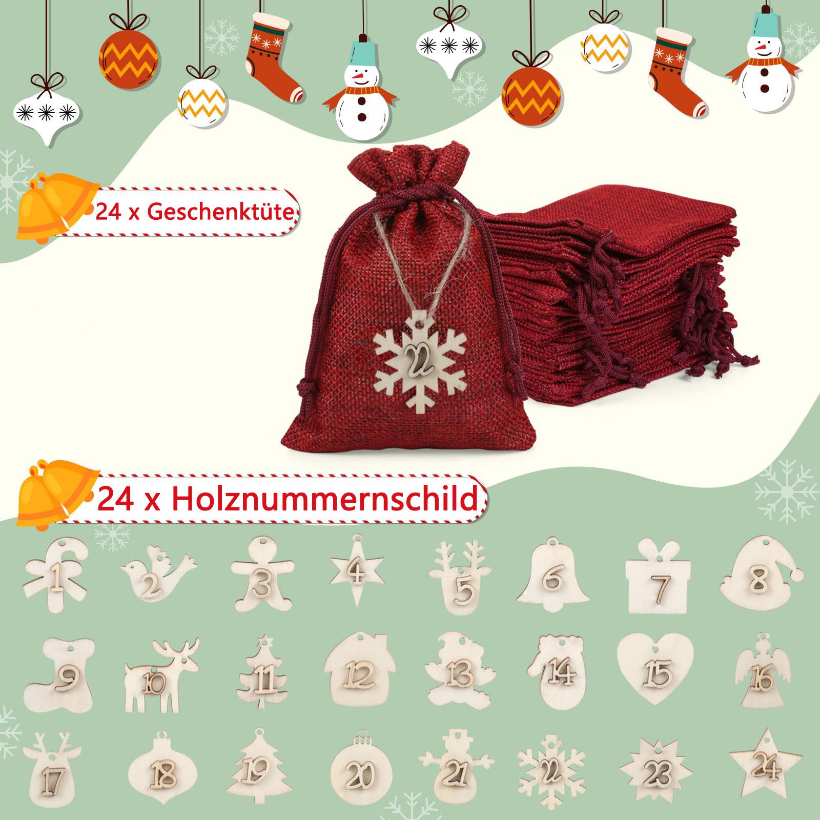FOUORTUNATE-BEE befüllbarer Adventskalender 24 x Jutesäckchen Adventskalender Stoffbeutel (24-tlg), mit Zahlen Holzanhänger Jute Beutel Säckchen