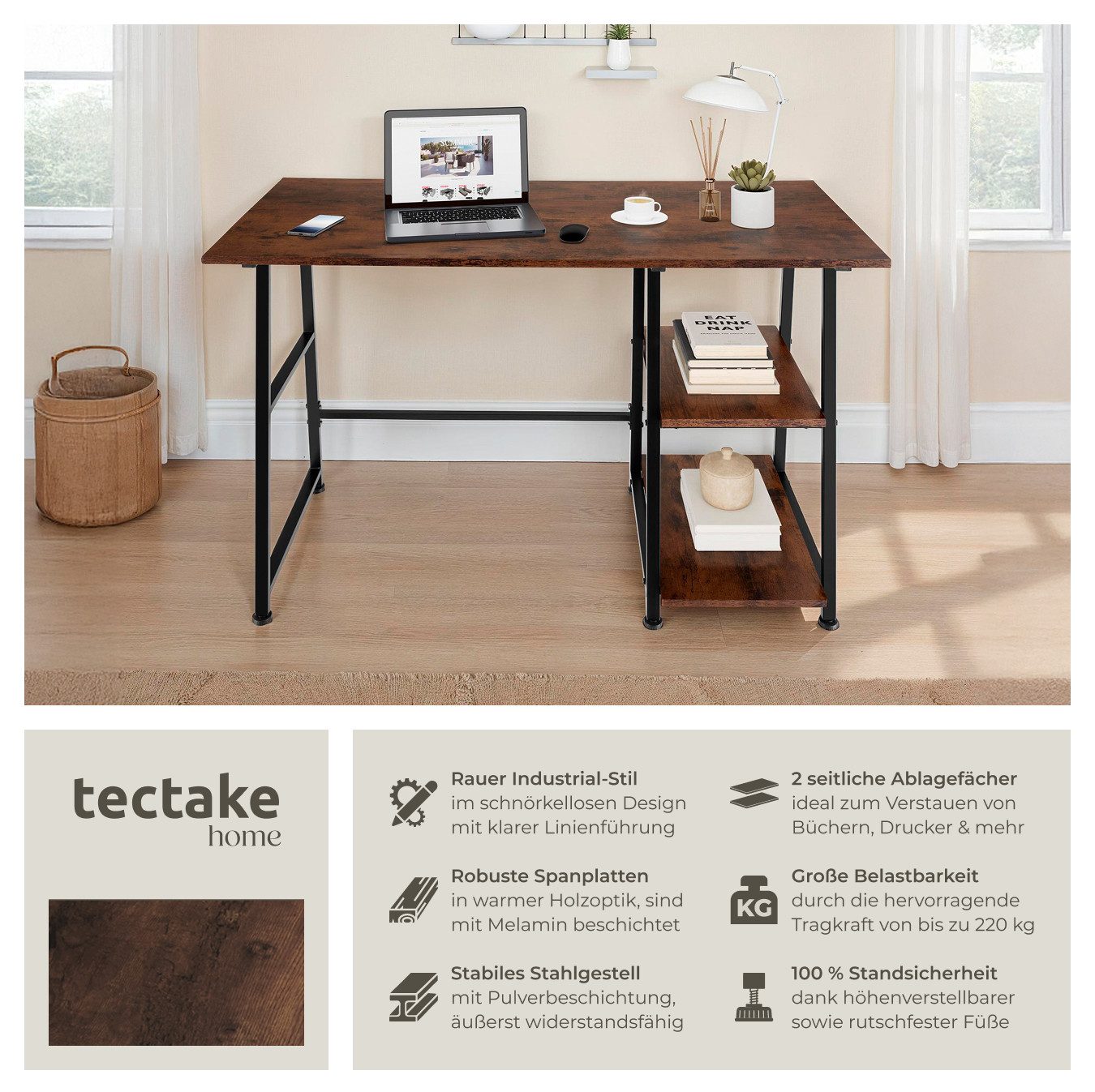 tectake Schreibtisch Computertisch Paisley 120x50x73,5cm (1-St., 1 tlg), Ru günstig online kaufen