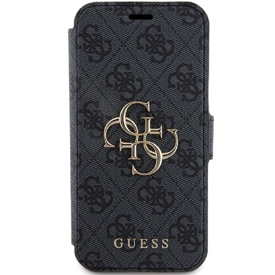 Guess Handyhülle Bookcase Cover iPhone 15 Pro grau Logo goldfarben aufstellbar 6,1 Zoll, Kartenfächer