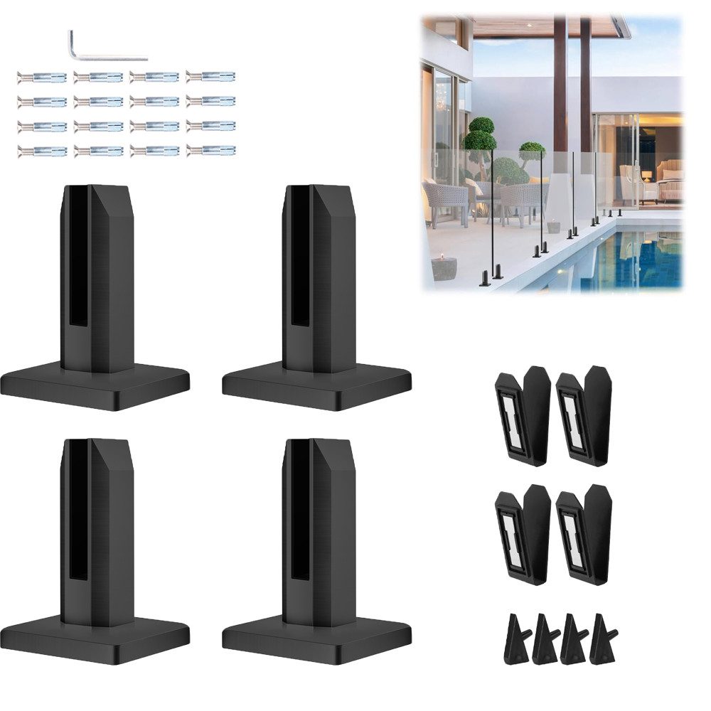 BlingBin Abstandshalter Edelstahl 304 Glasklemme, 4 Stück Glasklemmhalter für 8-12 mm (4er Set, 4-St., 9.5 x 9.5 x 16 cm) mit 4 Schrauben für Schwimmbad Treppengeländer Balustrade Geländer