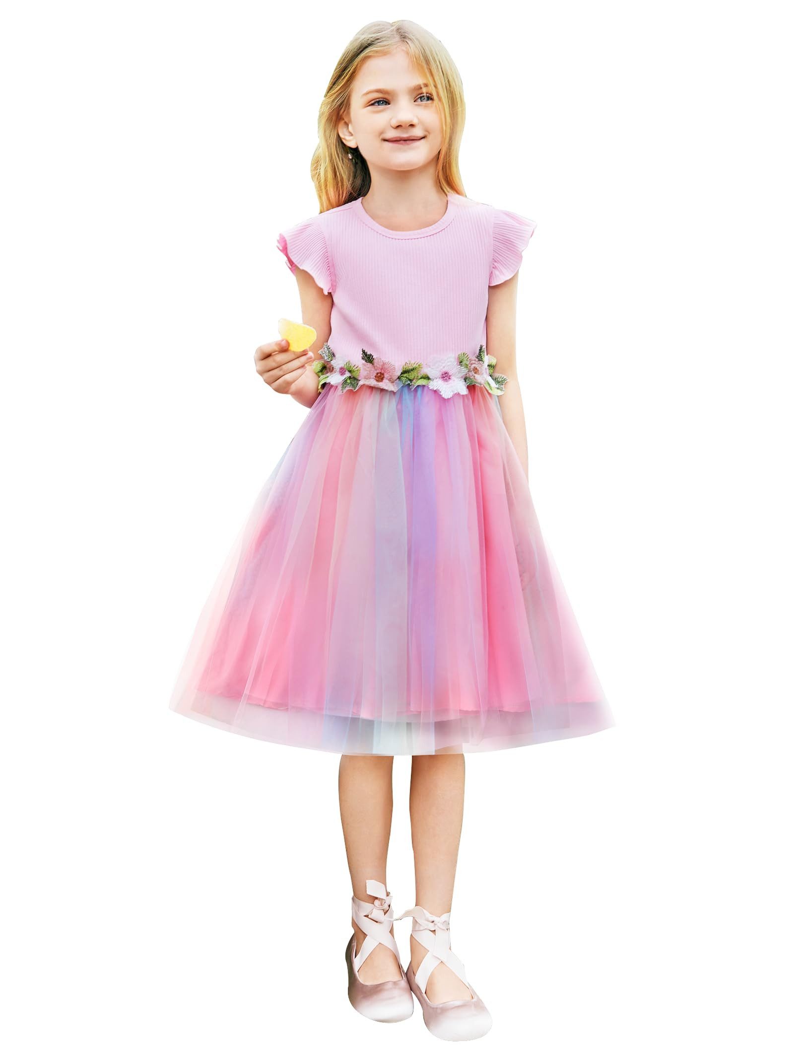YI Tüllkleid Mädchen Kleid Ärmellos,Tüll Prinzessin Partykleid Blumenstickerei
