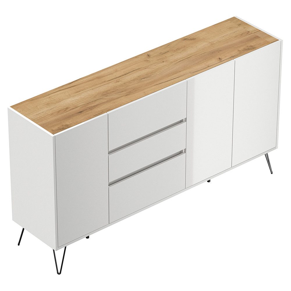 Lomadox Sideboard INDIANAPOLIS-02, 177cm breit, weiß Hochglanz mit Eichee, grifflos