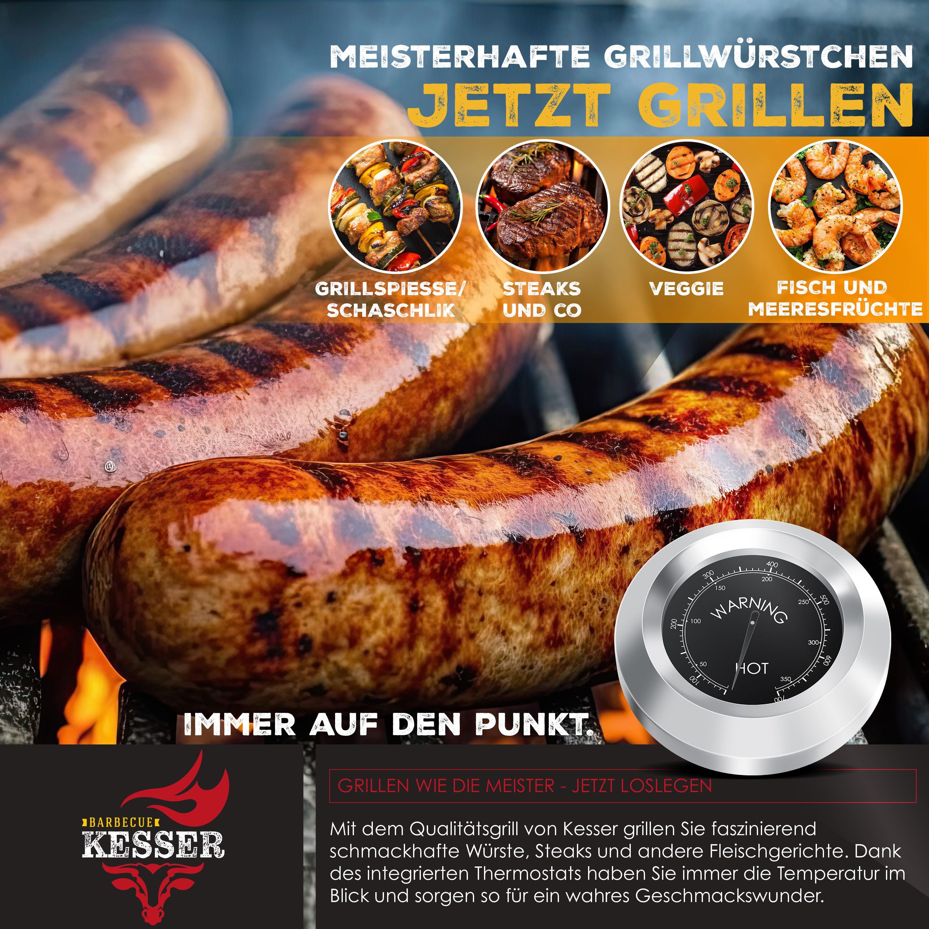 KESSER Holzkohlegrill Grill Grillwagen BBQ Smoker XL Holzkohlegrill mit Deckel, Rädern, Edelstahl-Griff, Grillrost und Thermometer Standgrill Kohlegrillwagen