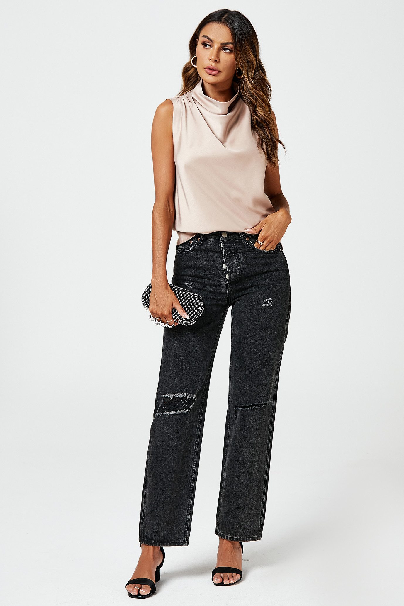FS Collection Kurzarmbluse Damen Ärmellose Satinbluse mit hohem Kragen – El günstig online kaufen