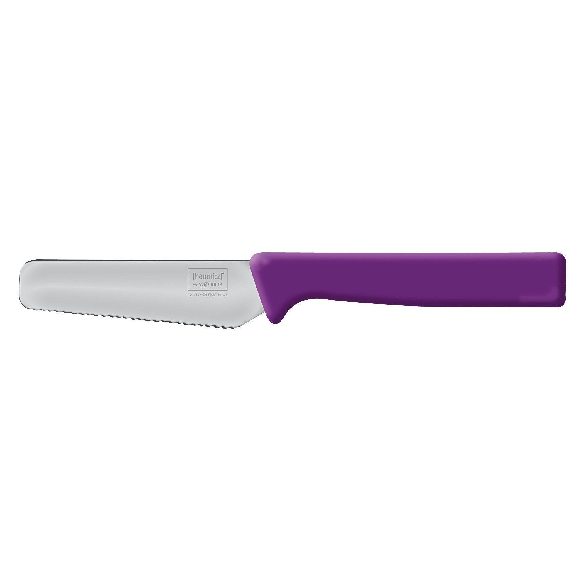 homiez Brotmesser KNIFE, Frühstücksmesser, Brötchenmesser Wellenschliff Soft-Griff und mit lila