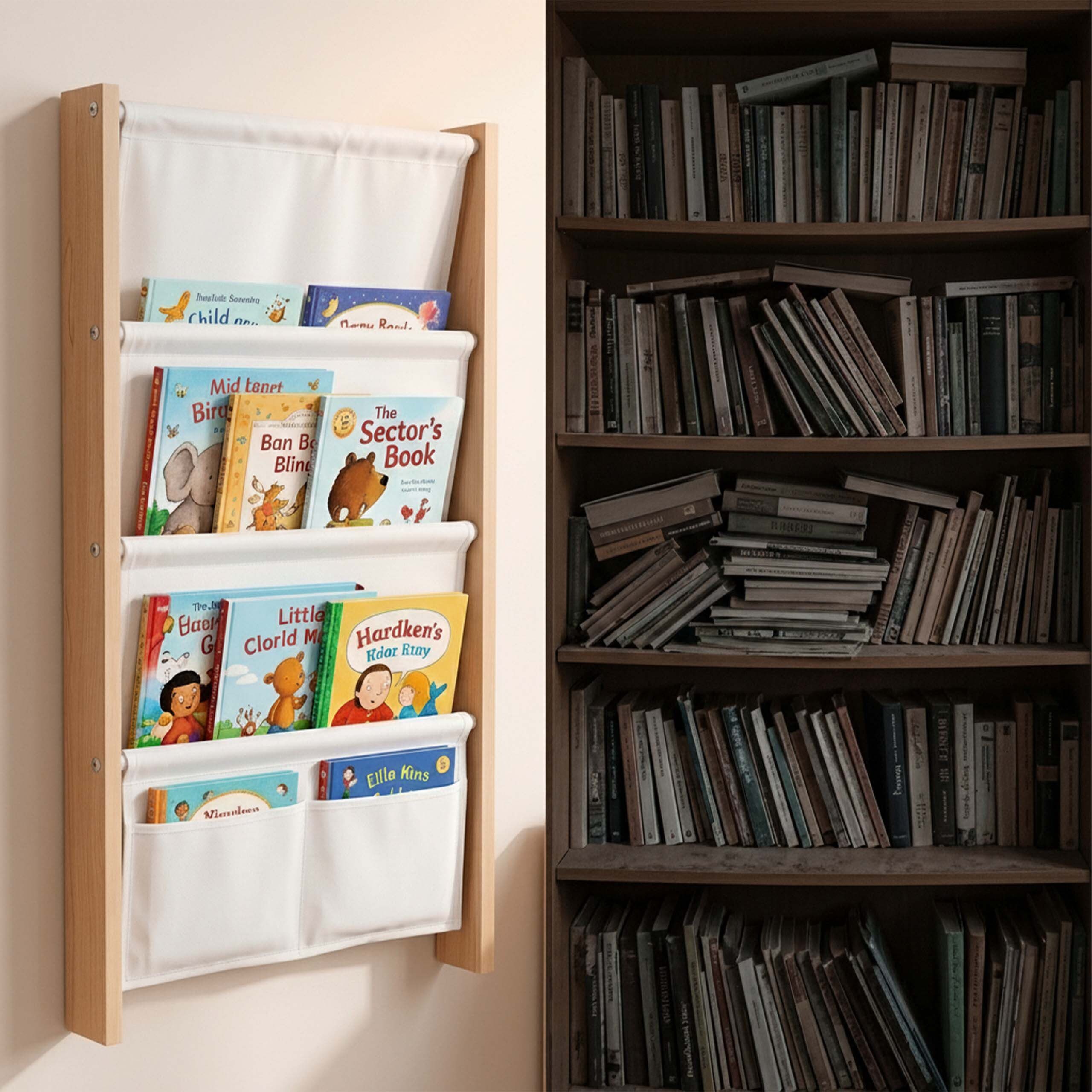 relaxdays Kinderregal Bücherregal Kinder mit Stofftaschen Wand, 4