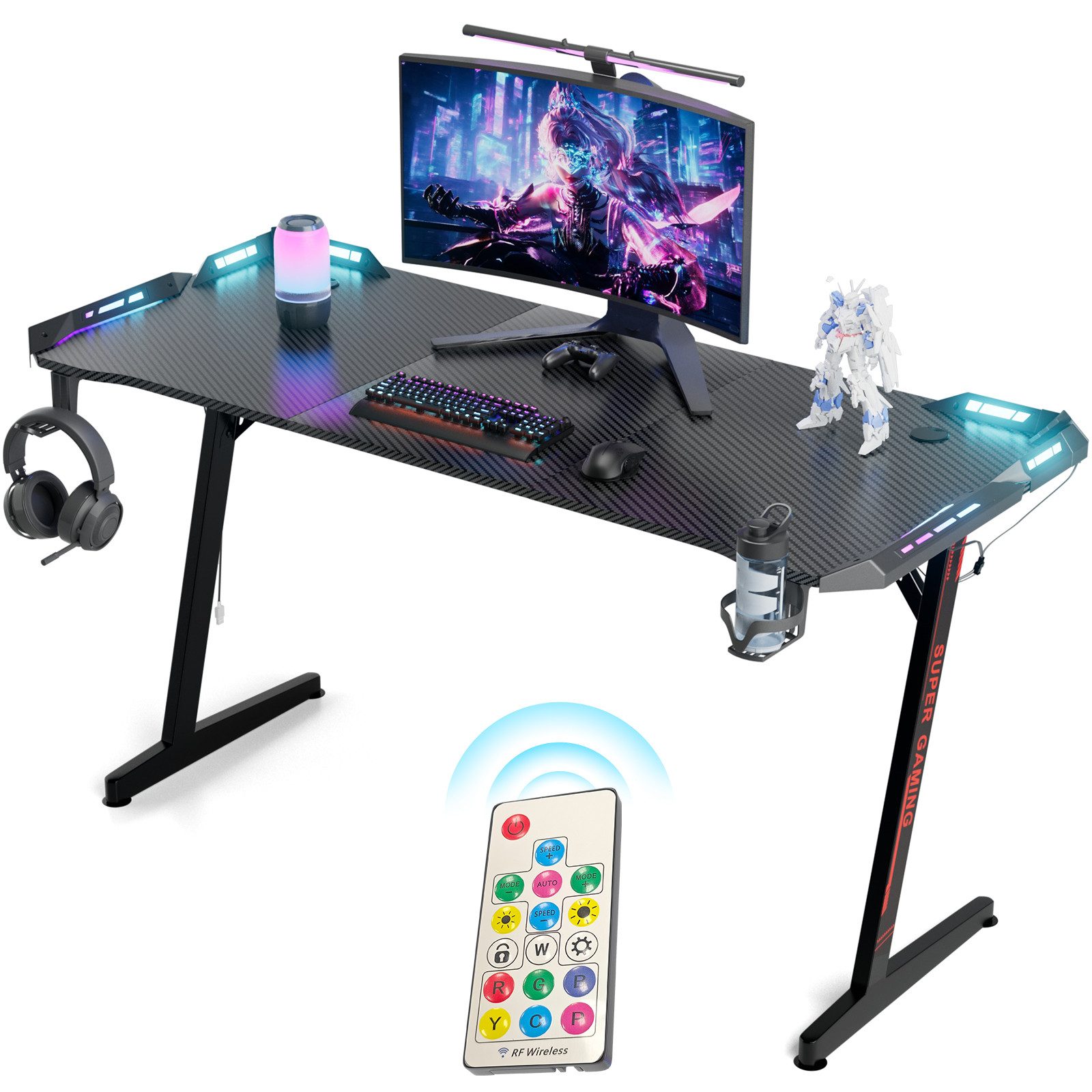 Huracan Gamingtisch 120/140/160 cm mit LED‑RGB‑Beleuchtung & 10‑stufiger Helligkeit (Ergonomischer Gaming Schreibtisch mit Kohlefaser‑Oberfläche, stabiler Z‑Form PC‑Tisch), mit Kopfhörerhaken & Getränkehalter für Gamer & Home‑Office