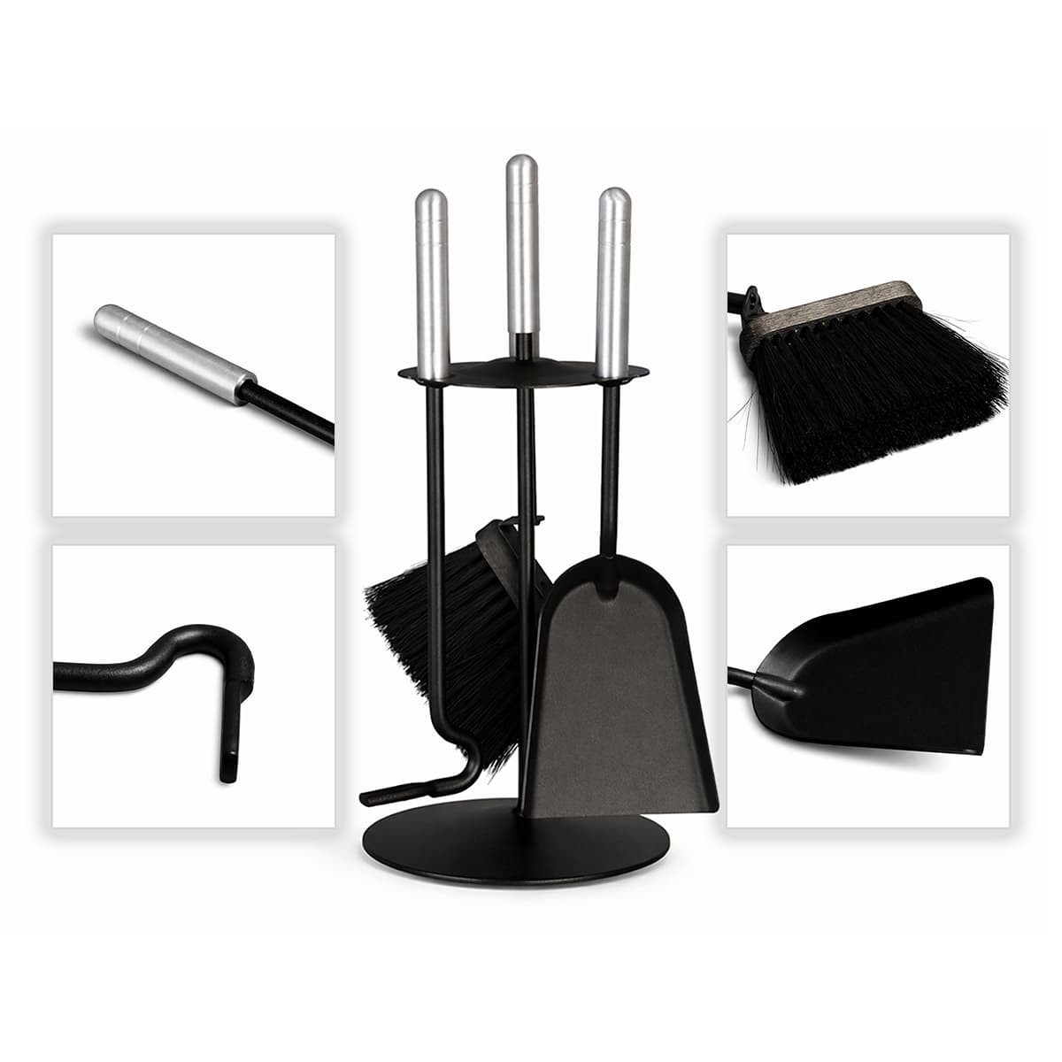 MS Beschläge Kamingarnitur Kaminbesteck kompakt - Ofenset Ofenbesteck schwarz, Ofengarnitur 4-tlg. - Kaminset Aluminium-Griffe