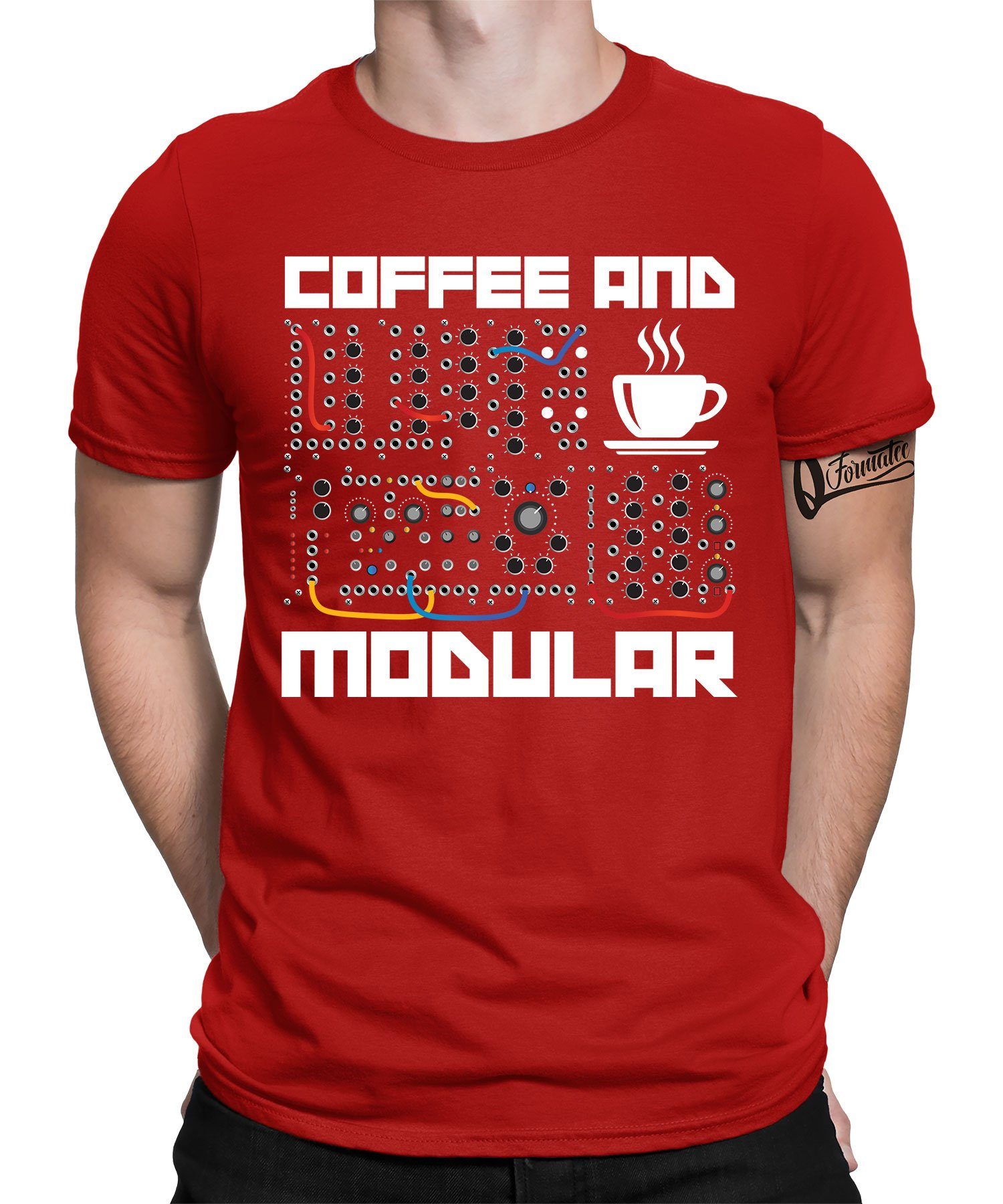Quattro Formatee Kurzarmshirt Coffee and Modular - Elektronische Musiker Synthesizer Herren T-Shirt (1-tlg) Rot