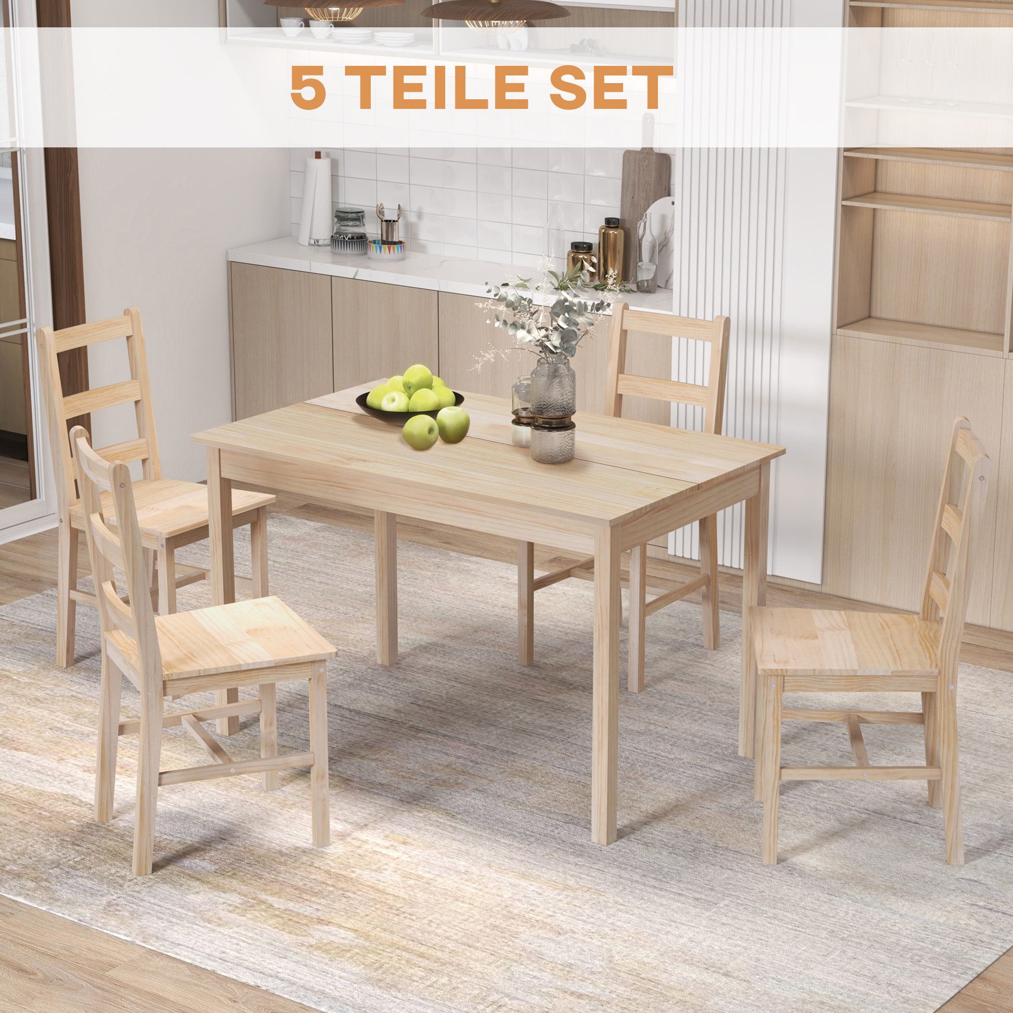 HOMCOM Essgruppe Esstisch mit 4 Stühlen Platzsparend Esszimmergruppe Natur, (Sitzgruppe, 1-tlg., Esstisch mit 4 Stühlen), für Esszimmer, Küche, Natur – Bild 4 von 5