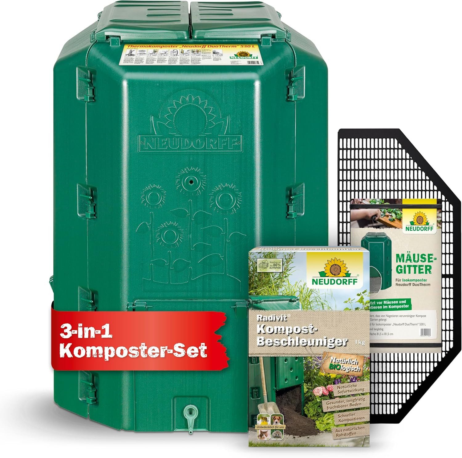 Neudorff Thermokomposter DuoTherm 530 Liter + Mäusegitter + Radivit 1 kg, (3-teiliges Komplett-Set, 3er Komplett-Set Thermokomposter + Mäusegitter + Kompost-Beschleuniger), Doppelwandiger Thermokomposter mit Mäusegitter und Komposthilfe