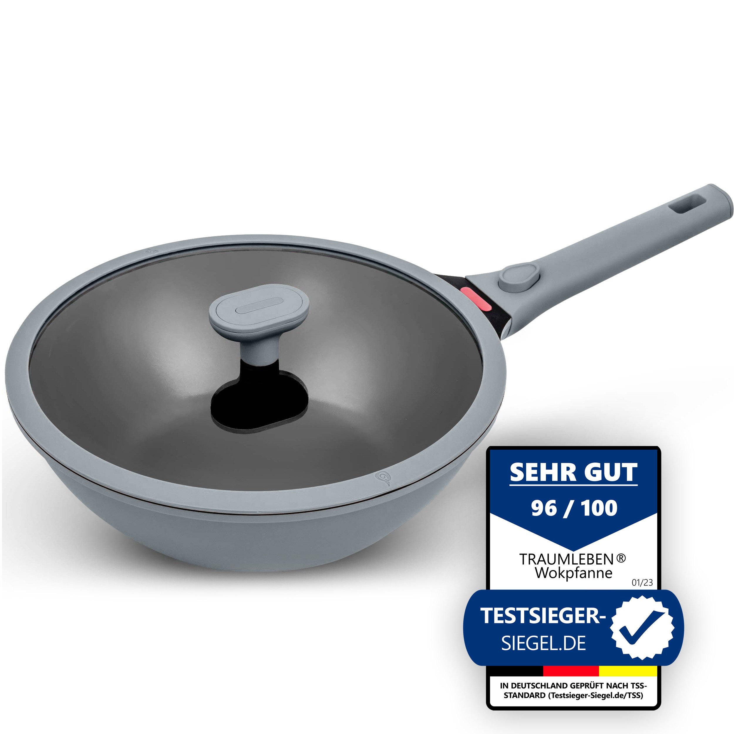 TRAUMLEBEN Wok 28 cm Wokpfanne mit Deckel, abnehmbarer Griff, Antihaftbeschichtung, aus Aluminium, für Induktion geeignet, backofenfest, hoher Rand
