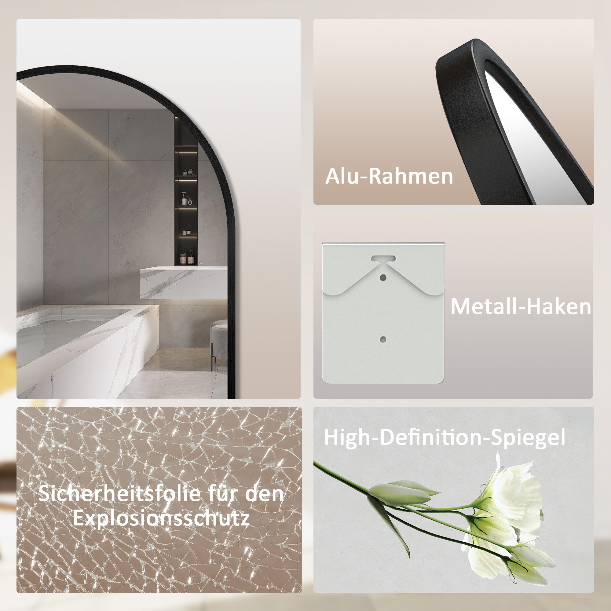 Hopibath Ganzkörperspiegel für Schlafzimmer Spiegel groß für Flur Wohnzimmer Garderobe Hotel (Bodenspiegel Rundbogen, mit Alurahmen, 5mm Glas), 150x50, 140x40cm