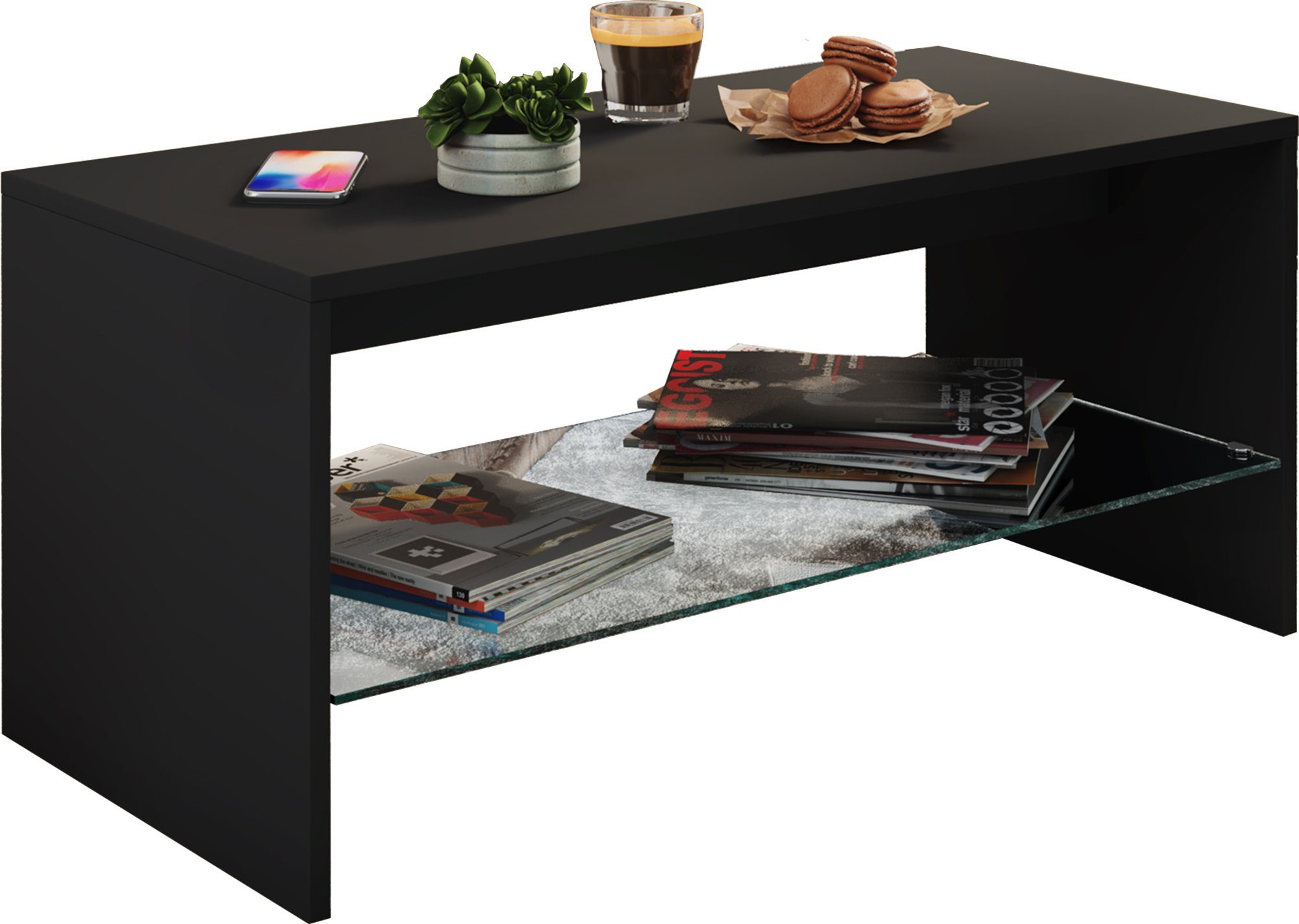 VCM Couchtisch Holz Sofatisch Glas Wisal Schublade Schwarz Couchtisch