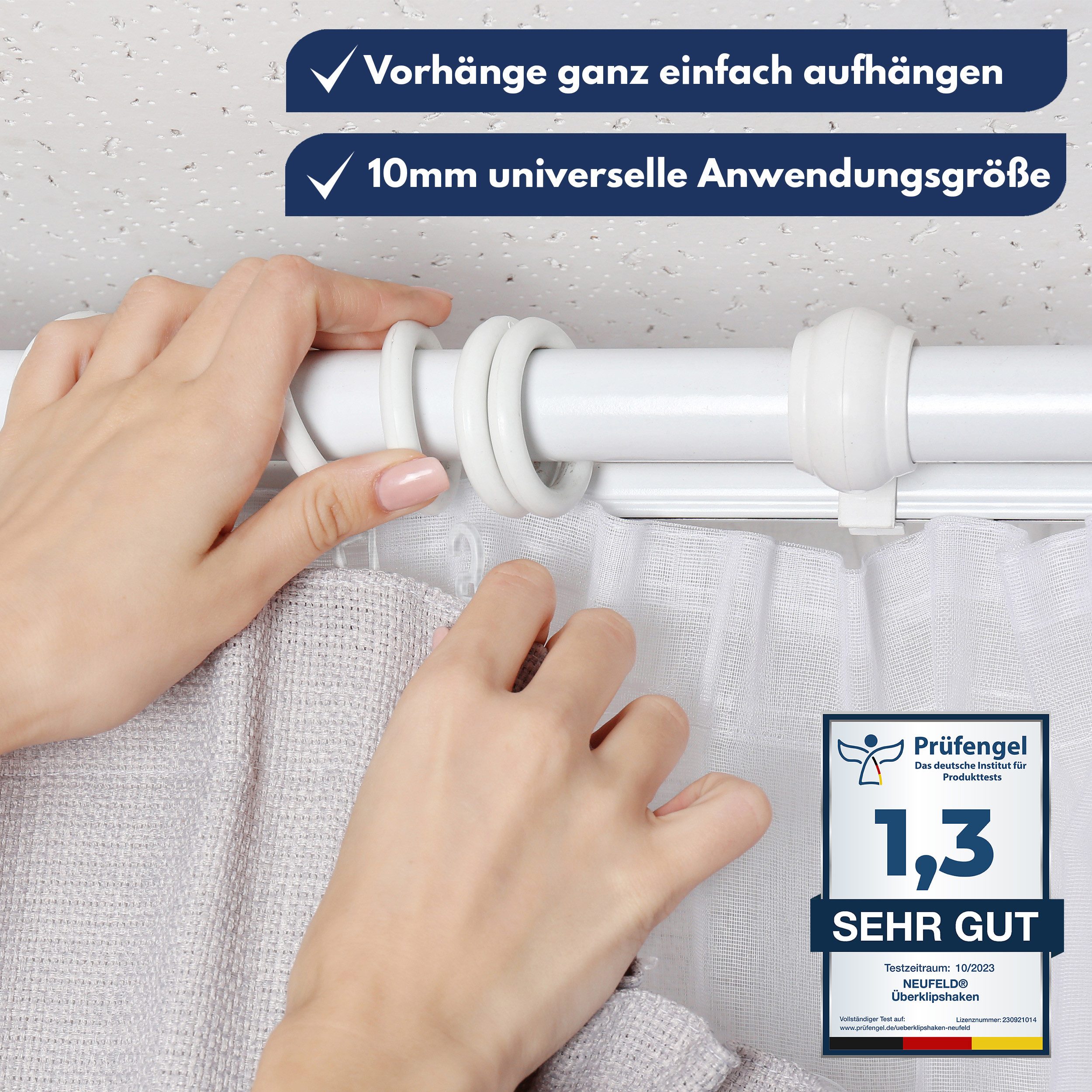 NEUFELD Gardinenhaken Überklipshaken Transparent I 120 Stück I 10mm Öse, Vorhanghaken, Gardinen, Vorhänge, Gardinenringe, (Set, 120 Überklipshaken mit 10 mm Öse), Transparent Lautlose Anwendung Waschfest Bruchsicher 10 mm Öse
