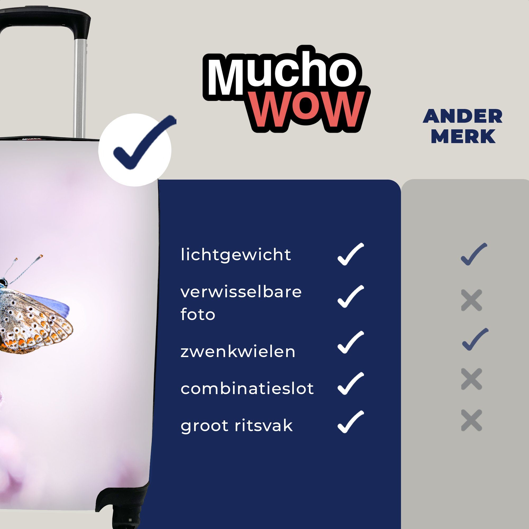MuchoWow Handgepäckkoffer Lavendel - Lila, Ferien, Nahaufnahme 4 rollen, Schmetterling Reisekoffer - mit Handgepäck für - Reisetasche Rollen, Trolley